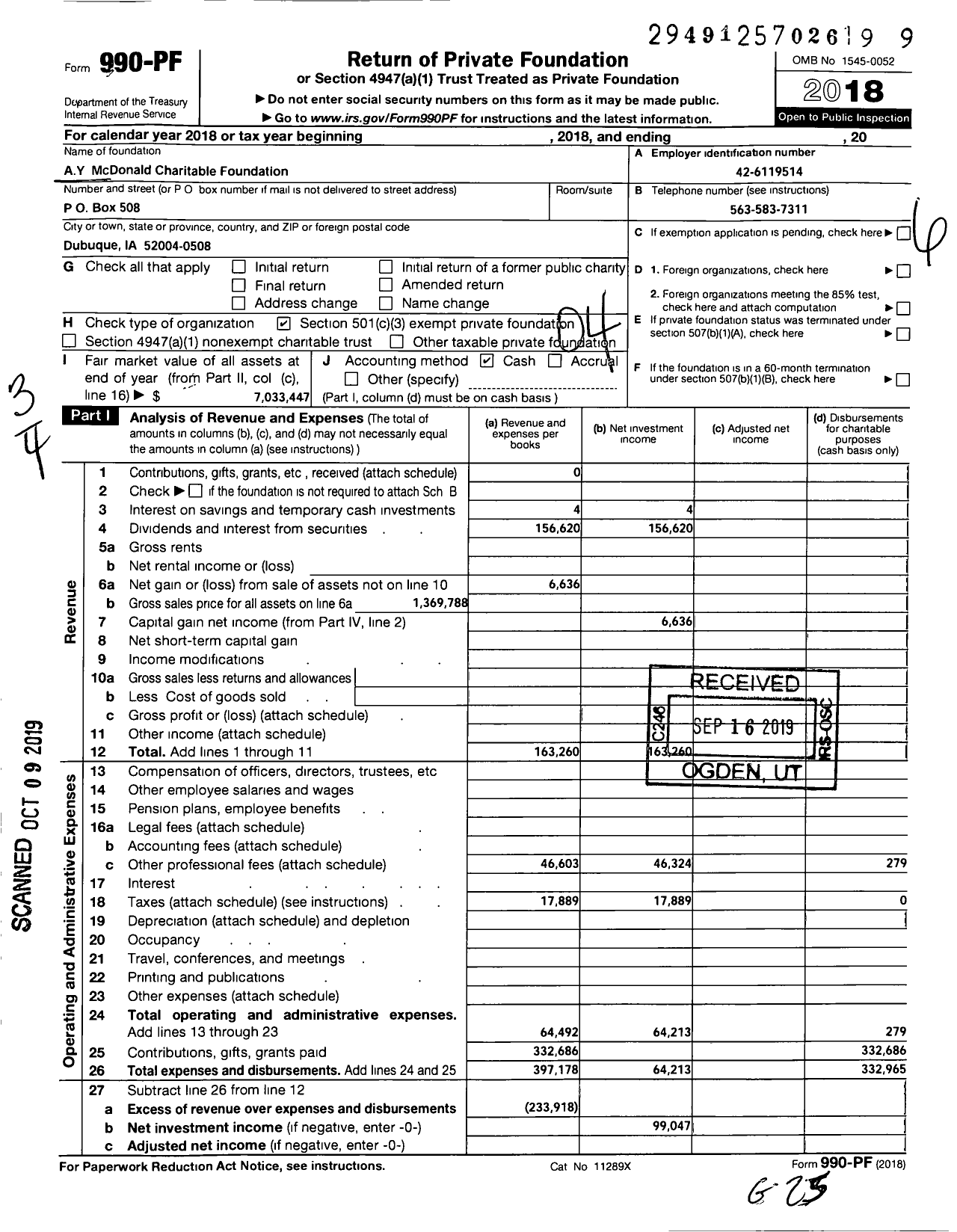 Image of first page of 2018 Form 990PF for Ay Mcdonald Charitable Foundation