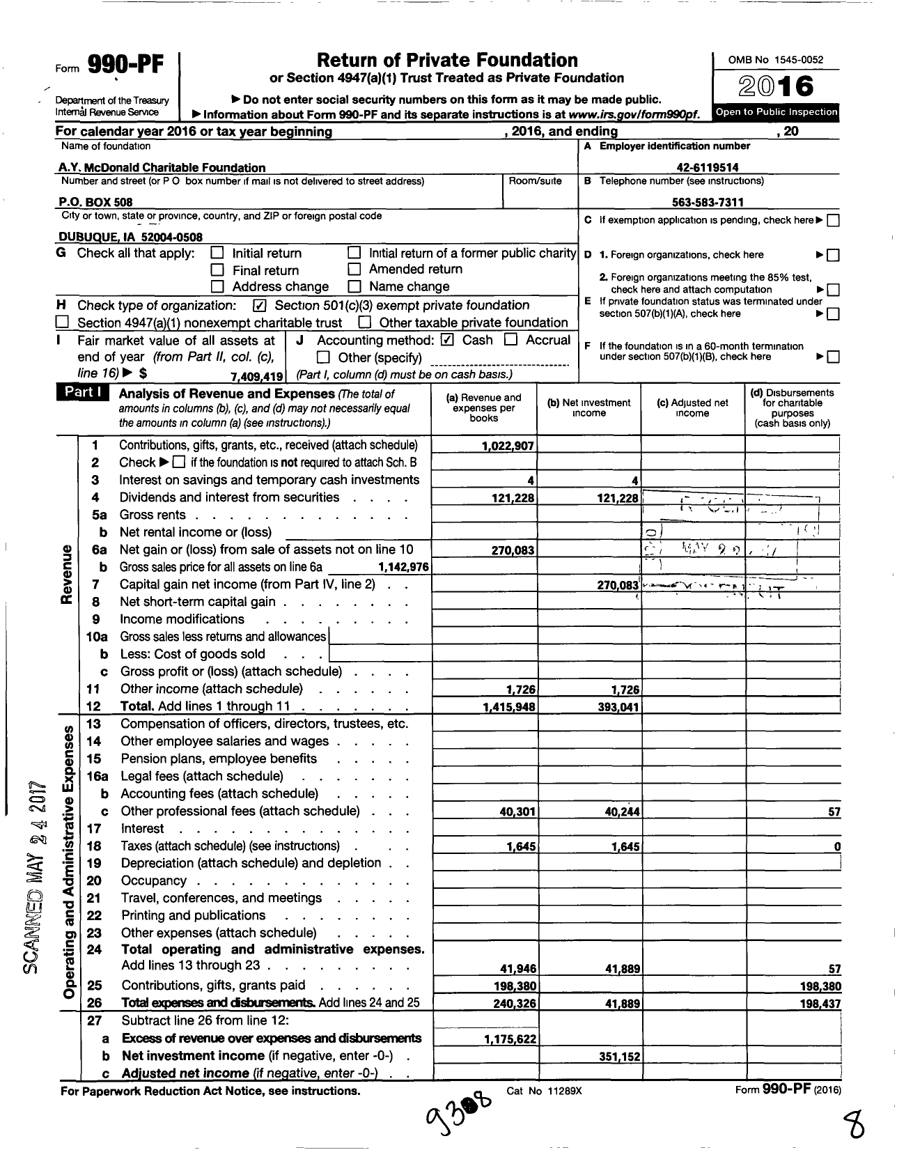 Image of first page of 2016 Form 990PF for Ay Mcdonald Charitable Foundation