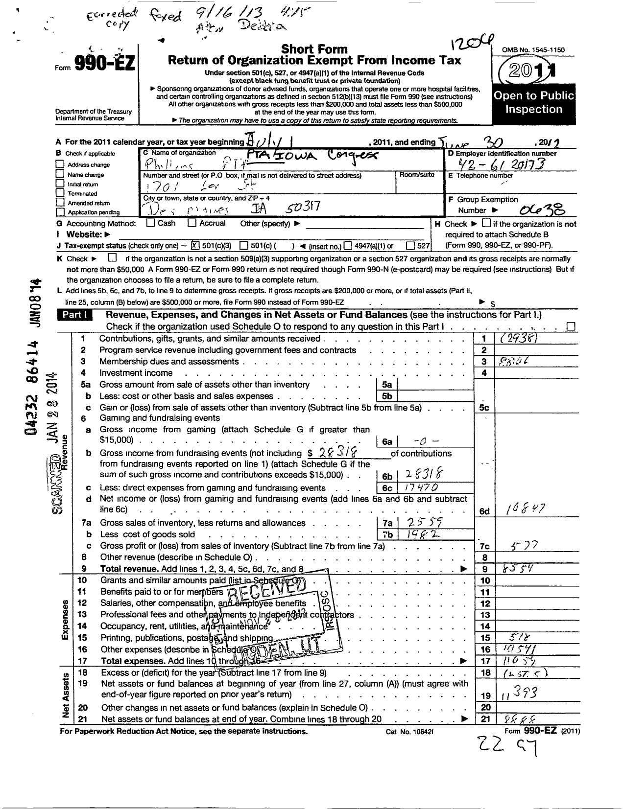 Image of first page of 2011 Form 990EZ for PTA Iowa Congress / Phillips School