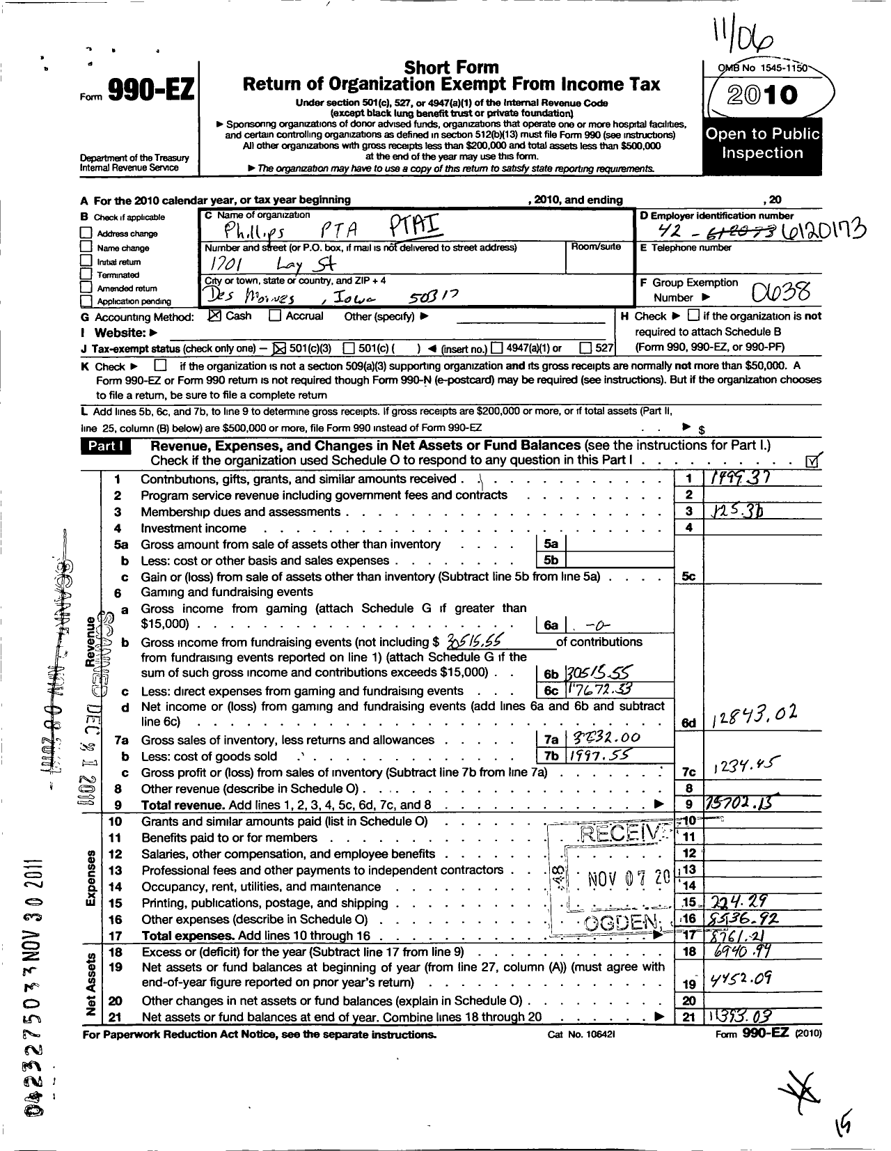 Image of first page of 2010 Form 990EZ for PTA Iowa Congress / Phillips School