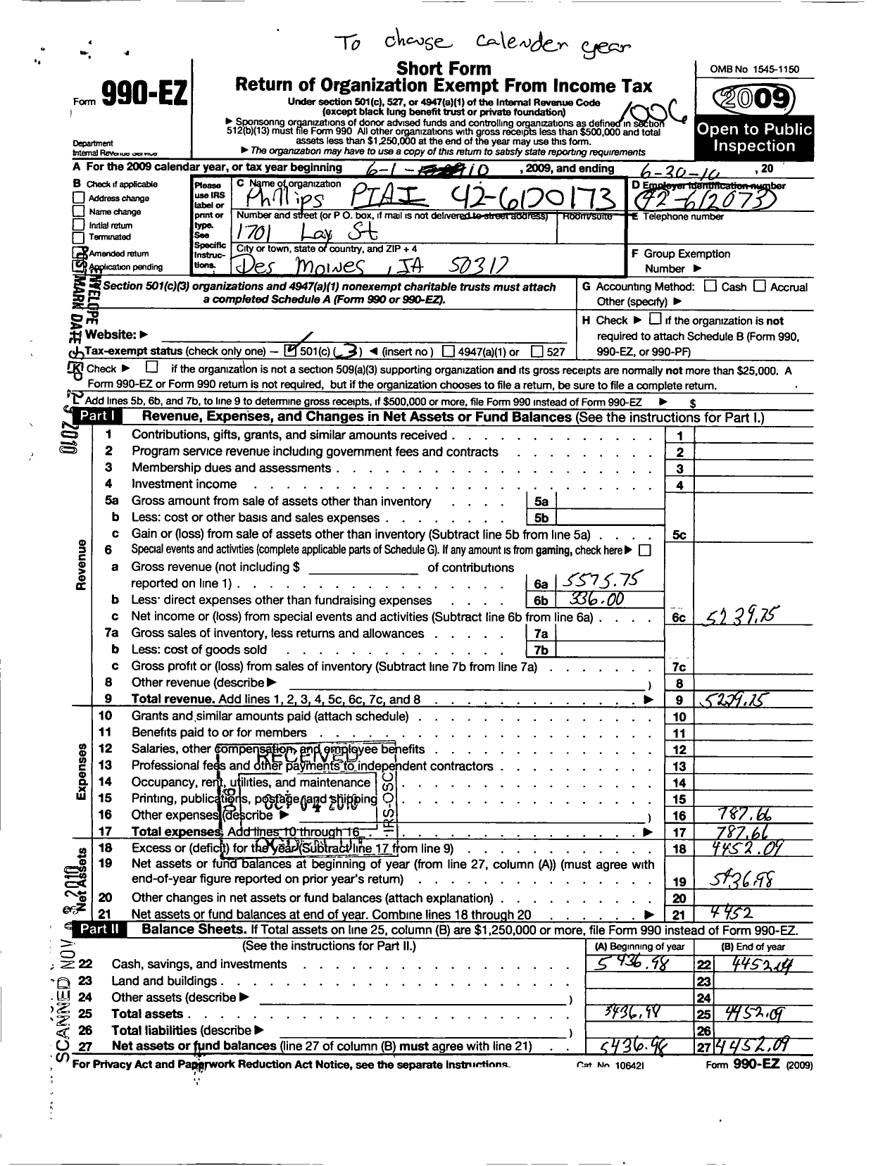 Image of first page of 2009 Form 990EZ for PTA Iowa Congress / Phillips School