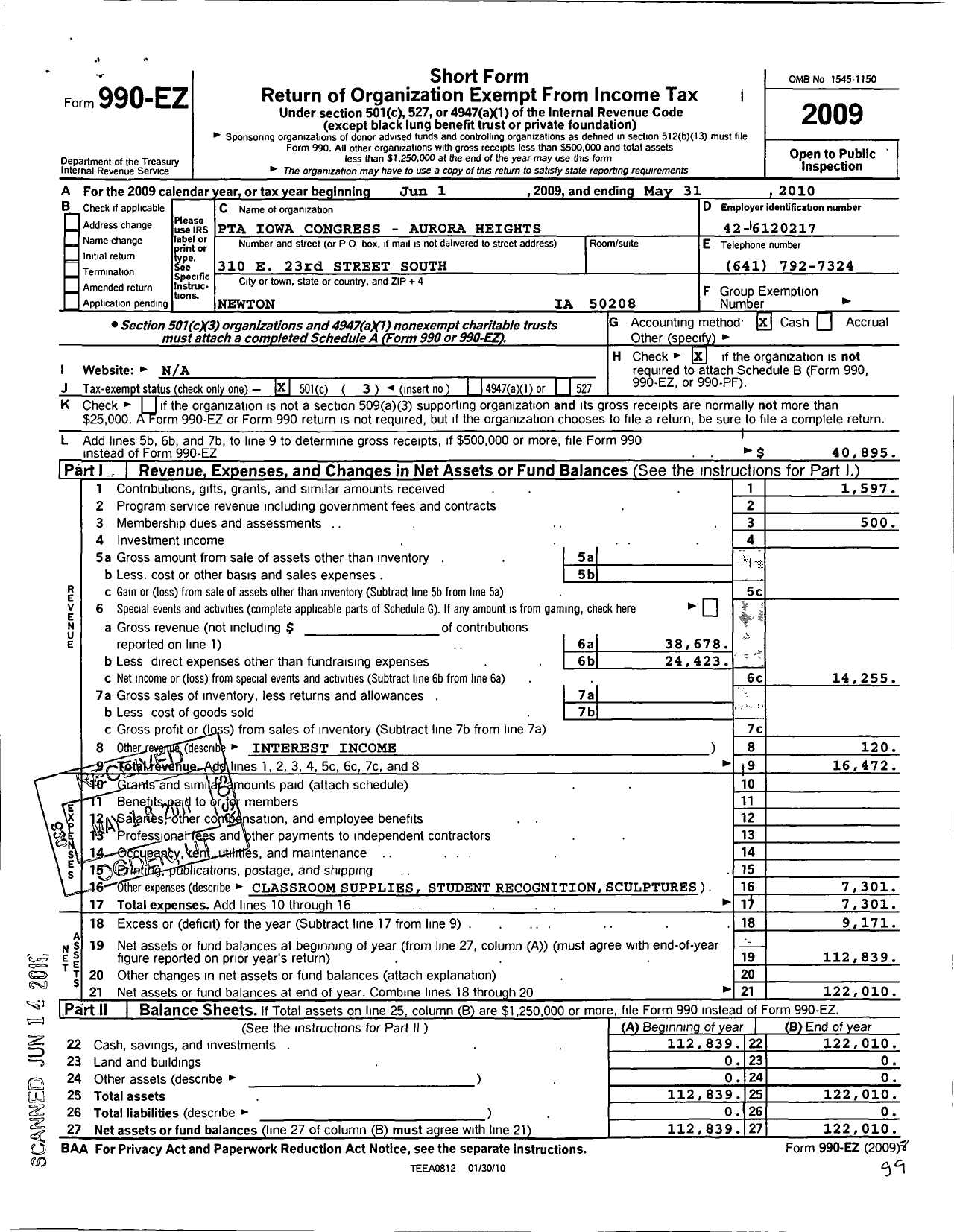 Image of first page of 2009 Form 990EZ for PTA Iowa Congress / Aurora Heights School