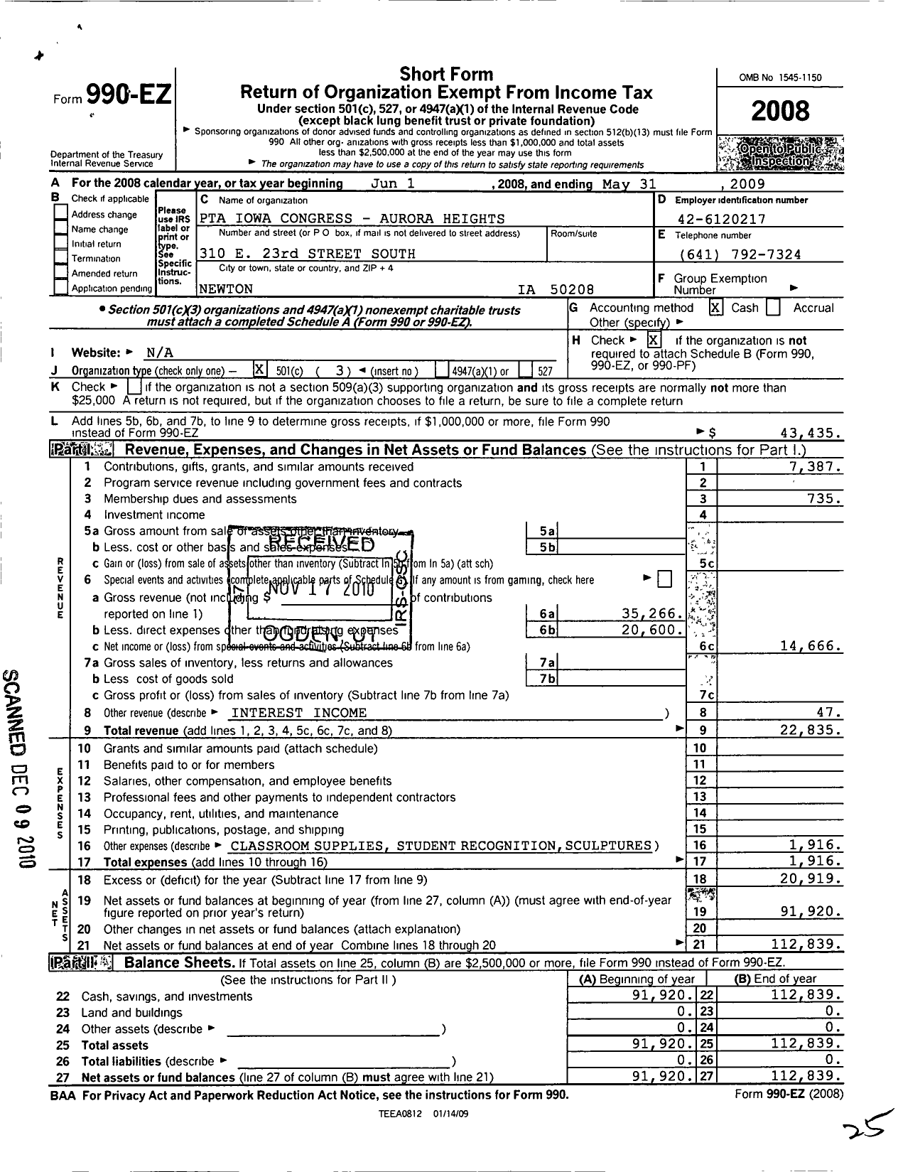 Image of first page of 2008 Form 990EZ for PTA Iowa Congress / Aurora Heights School