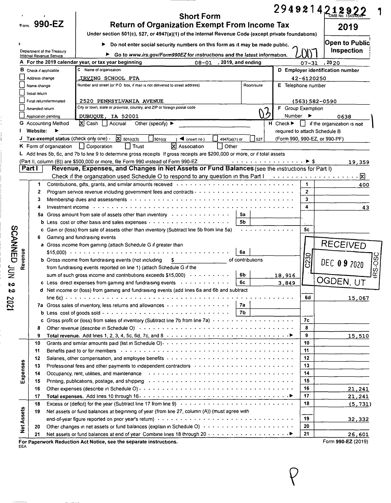 Image of first page of 2019 Form 990EZ for Irving School PTA