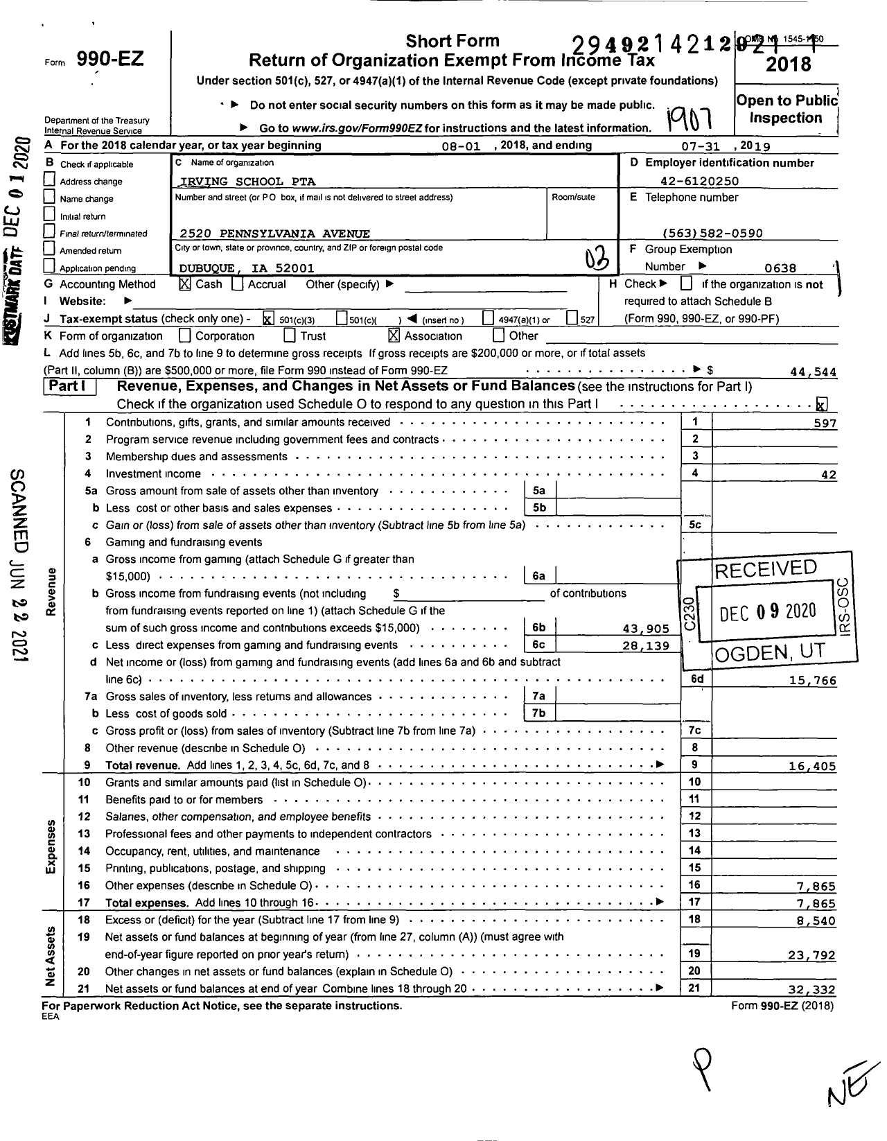 Image of first page of 2018 Form 990EZ for Irving School PTA