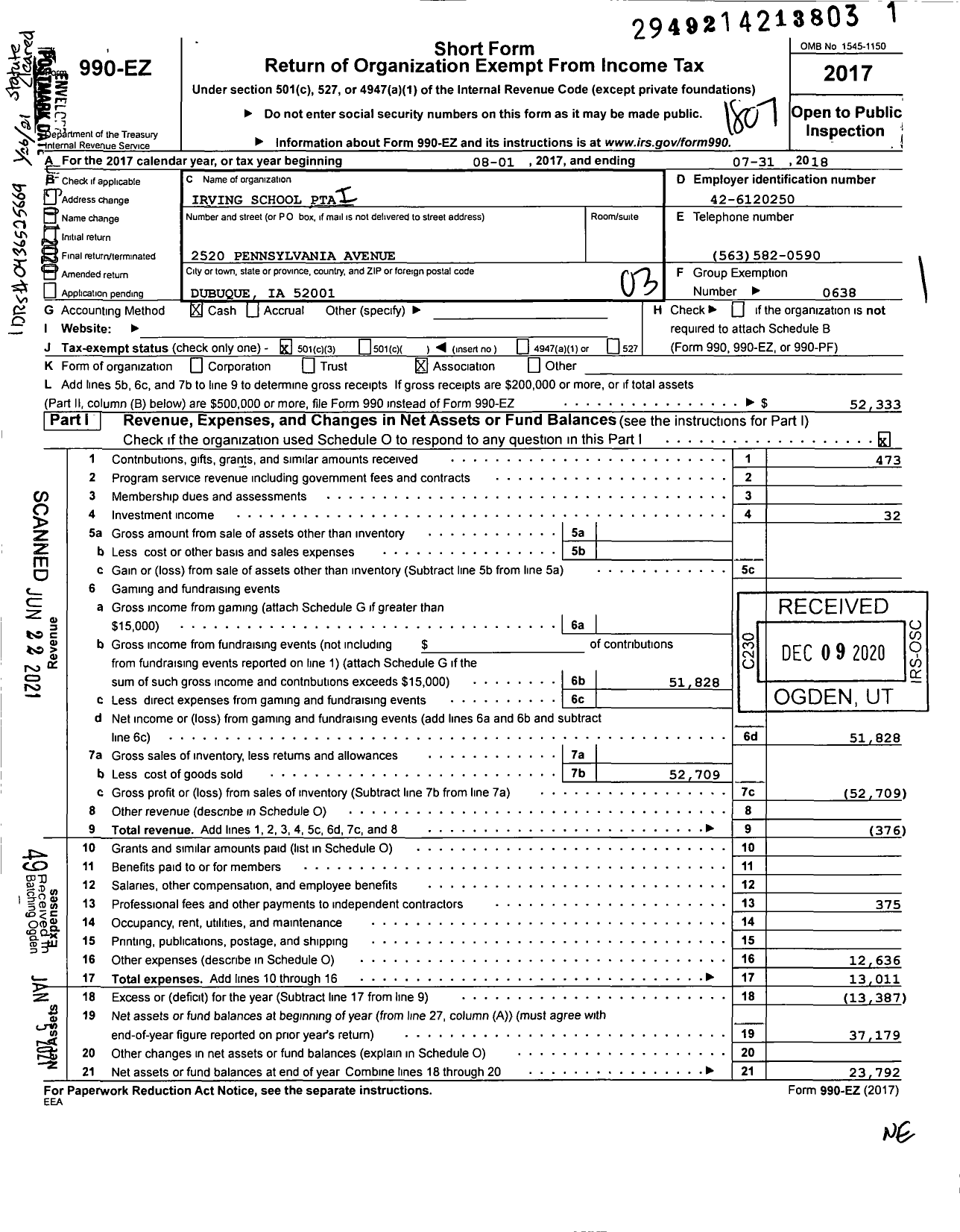 Image of first page of 2017 Form 990EZ for Irving School PTA