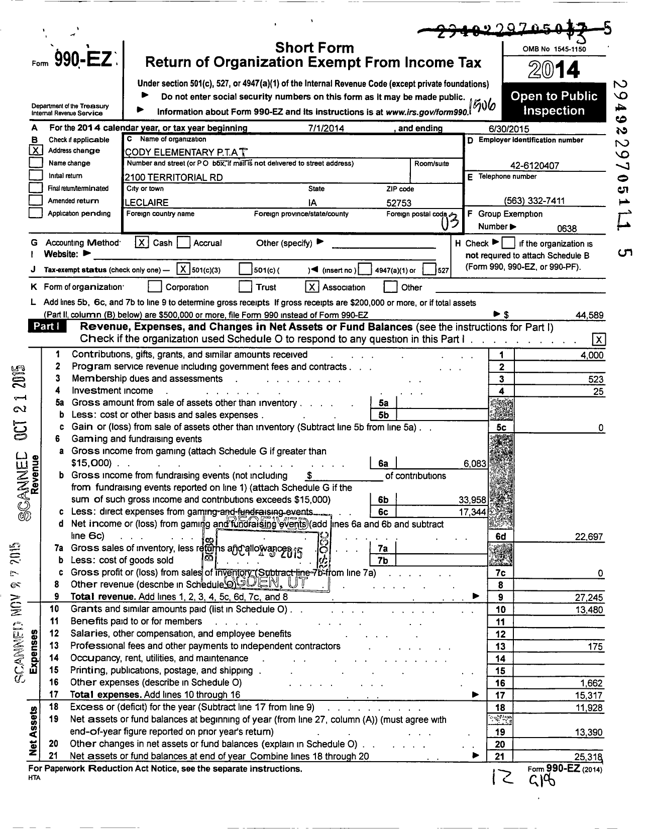 Image of first page of 2014 Form 990EZ for PTA Iowa Congress / Pta-Ia Cody Elementary