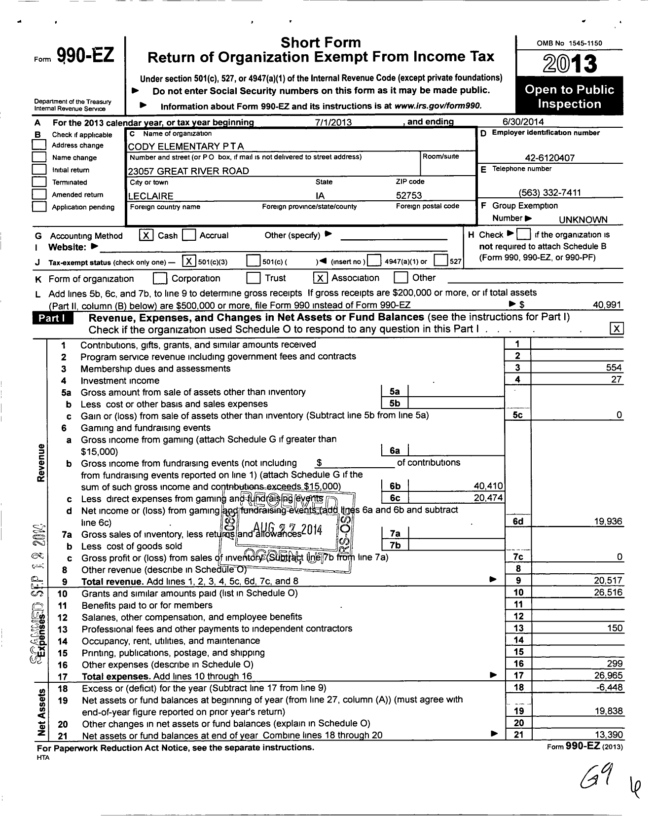 Image of first page of 2013 Form 990EZ for PTA Iowa Congress / Pta-Ia Cody Elementary