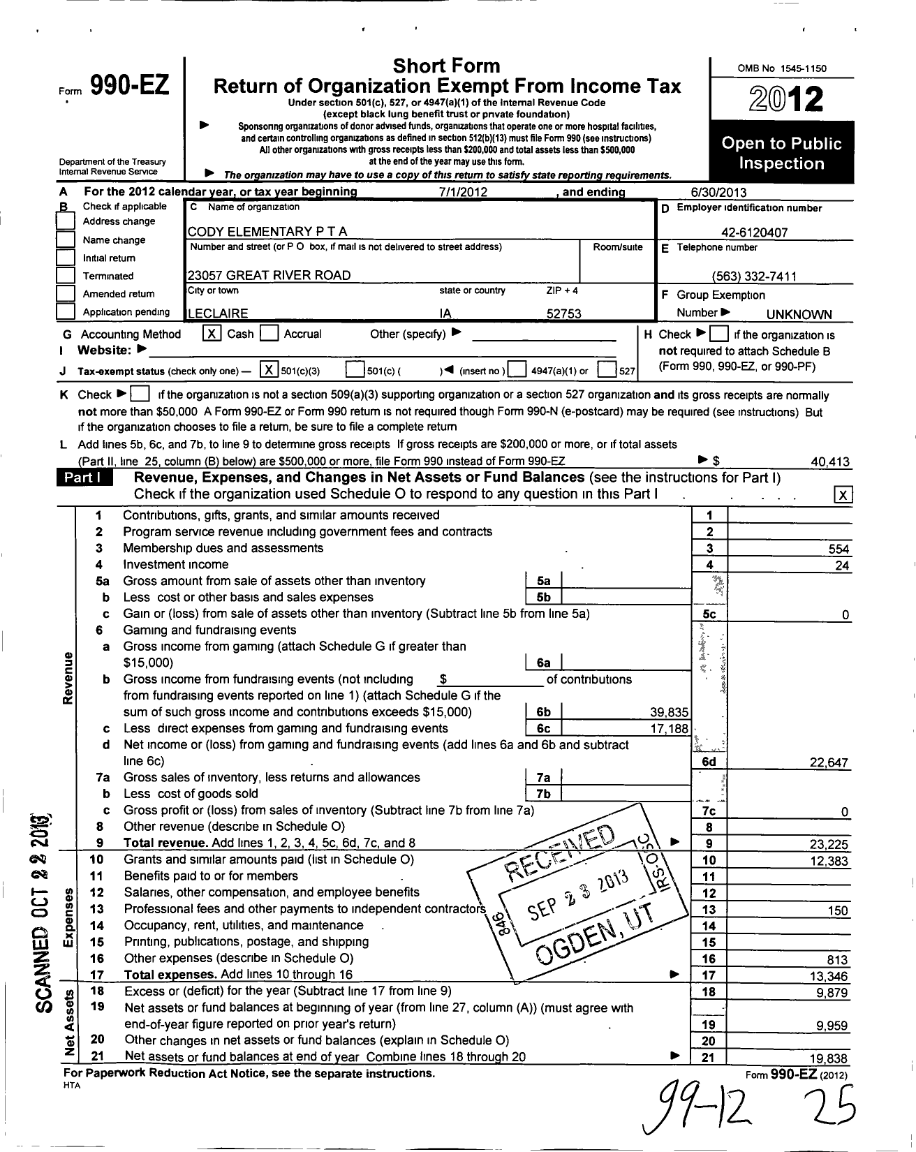 Image of first page of 2012 Form 990EZ for PTA Iowa Congress / Pta-Ia Cody Elementary