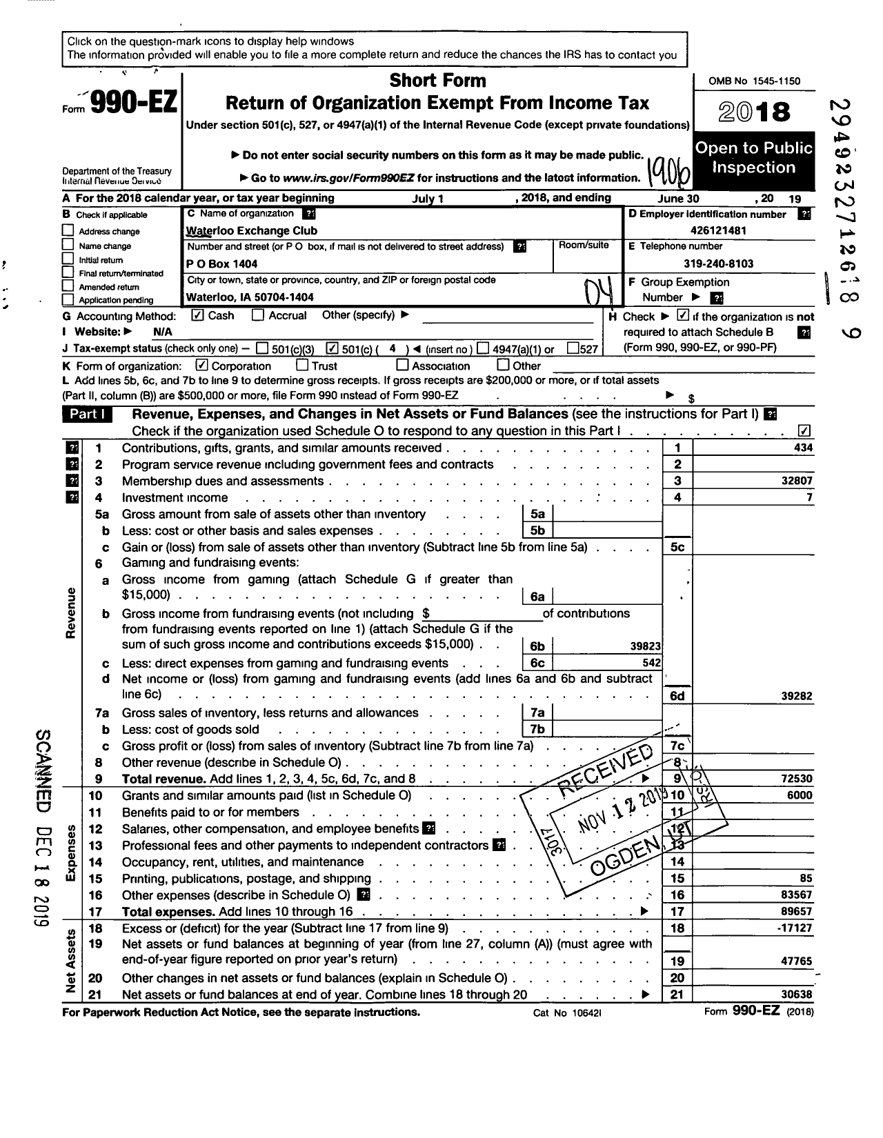 Image of first page of 2018 Form 990EO for NATIONAL Exchange Club - 1527 WATERLOO IA