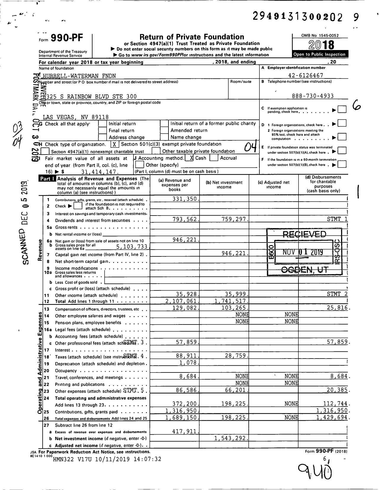 Image of first page of 2018 Form 990PF for Hubbell-Waterman FNDN