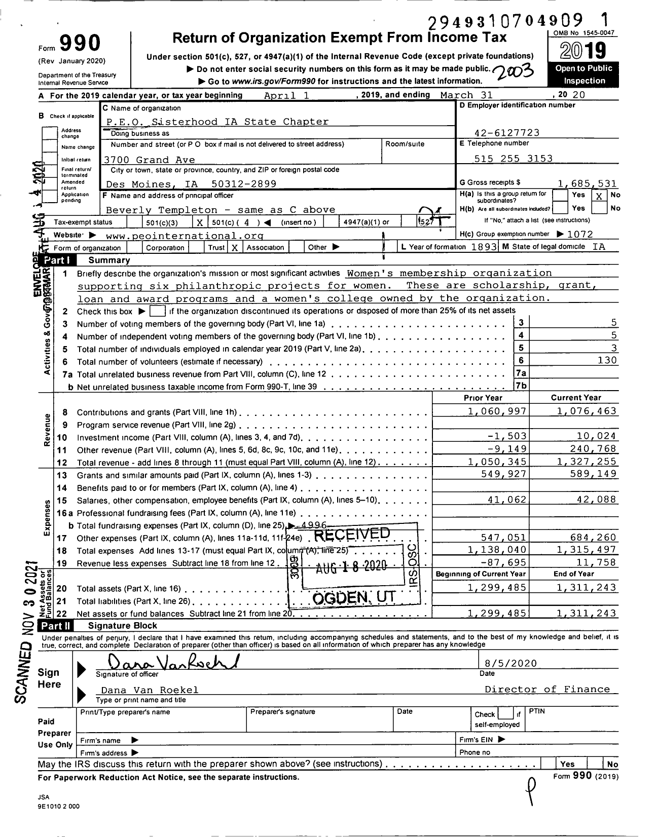 Image of first page of 2019 Form 990O for Philanthropic Educational Organization (PEO)