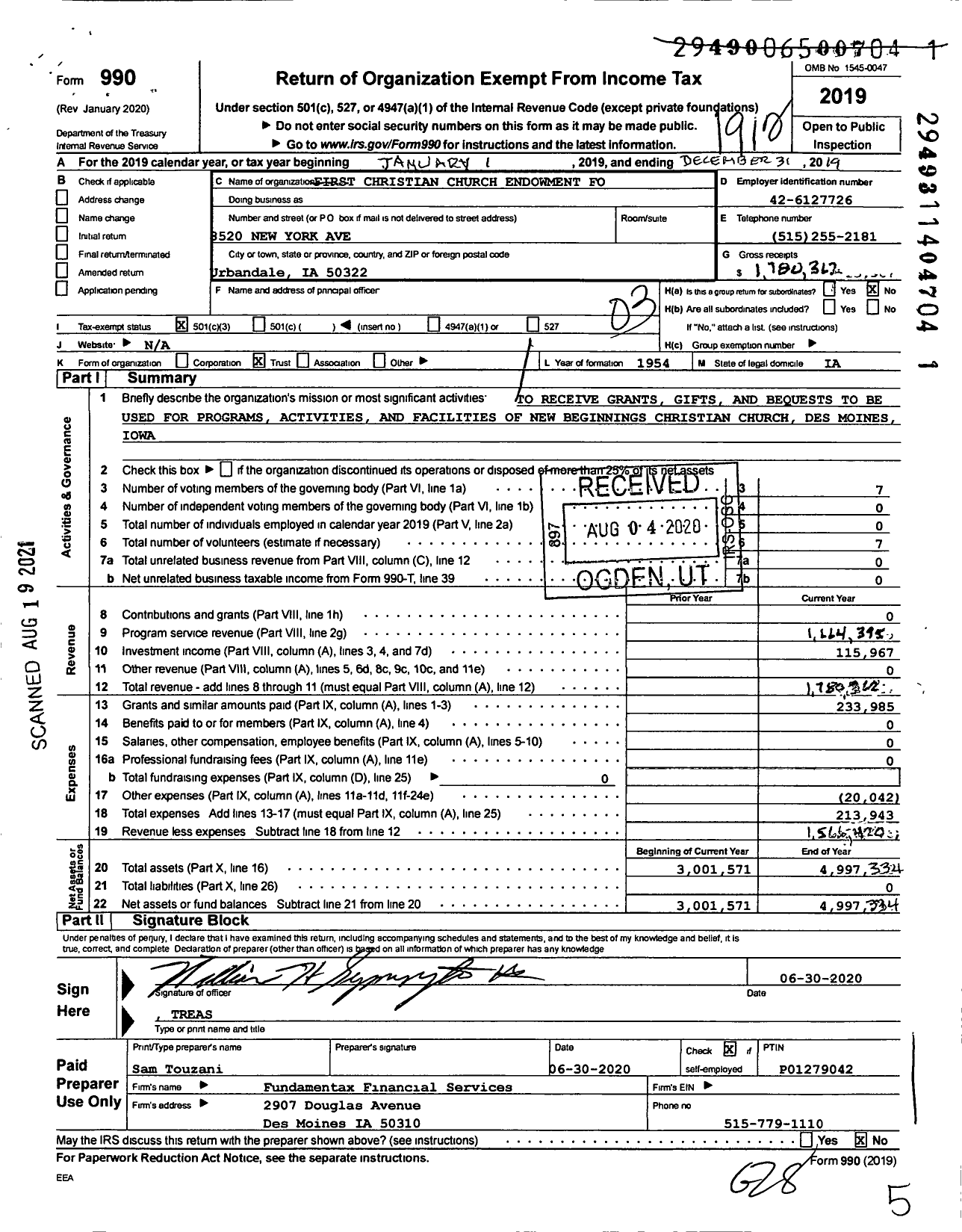 Image of first page of 2019 Form 990 for New Beginnings Christian Church Endowment Foundation