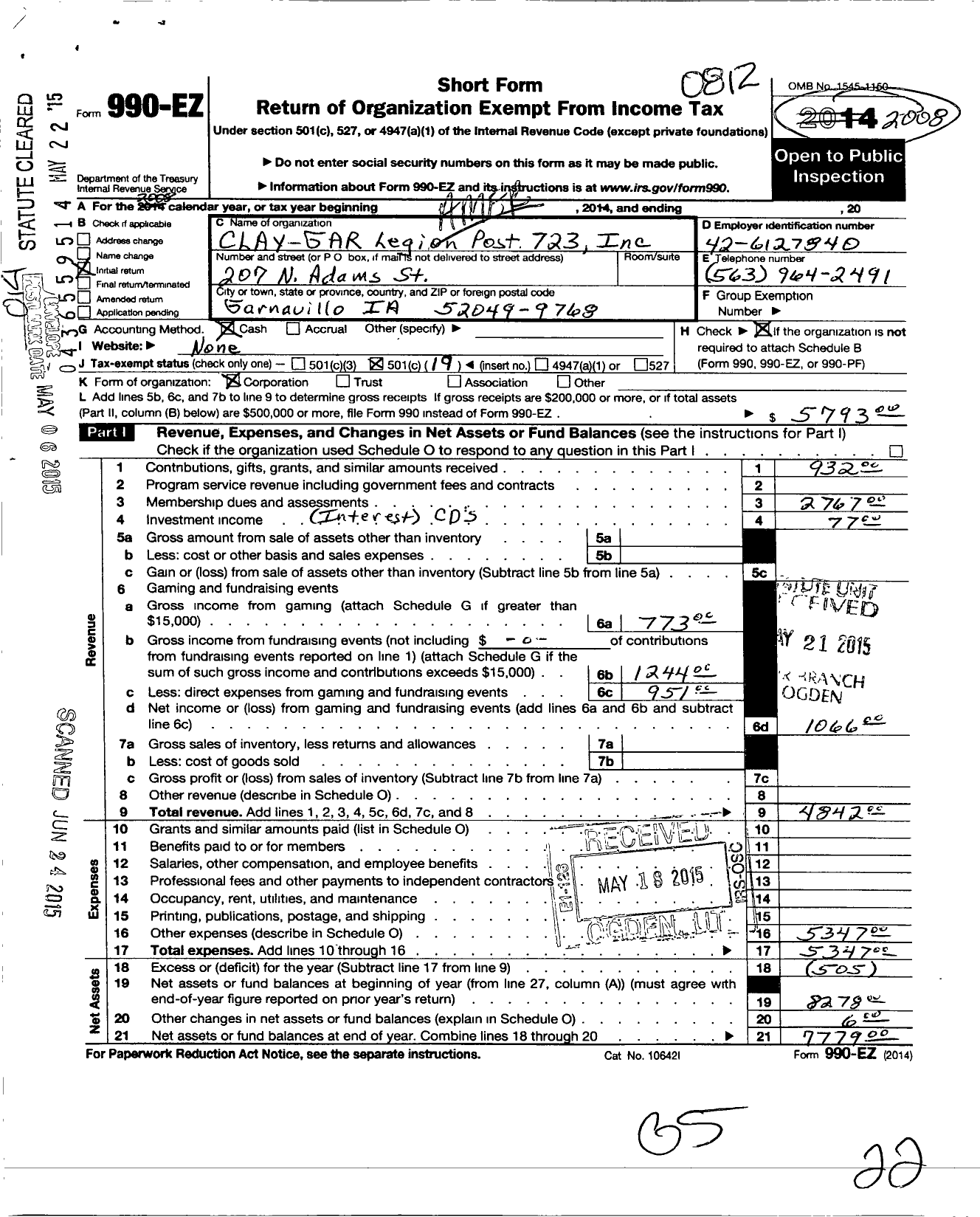 Image of first page of 2008 Form 990EO for American Legion / Clay-Gar Post 723