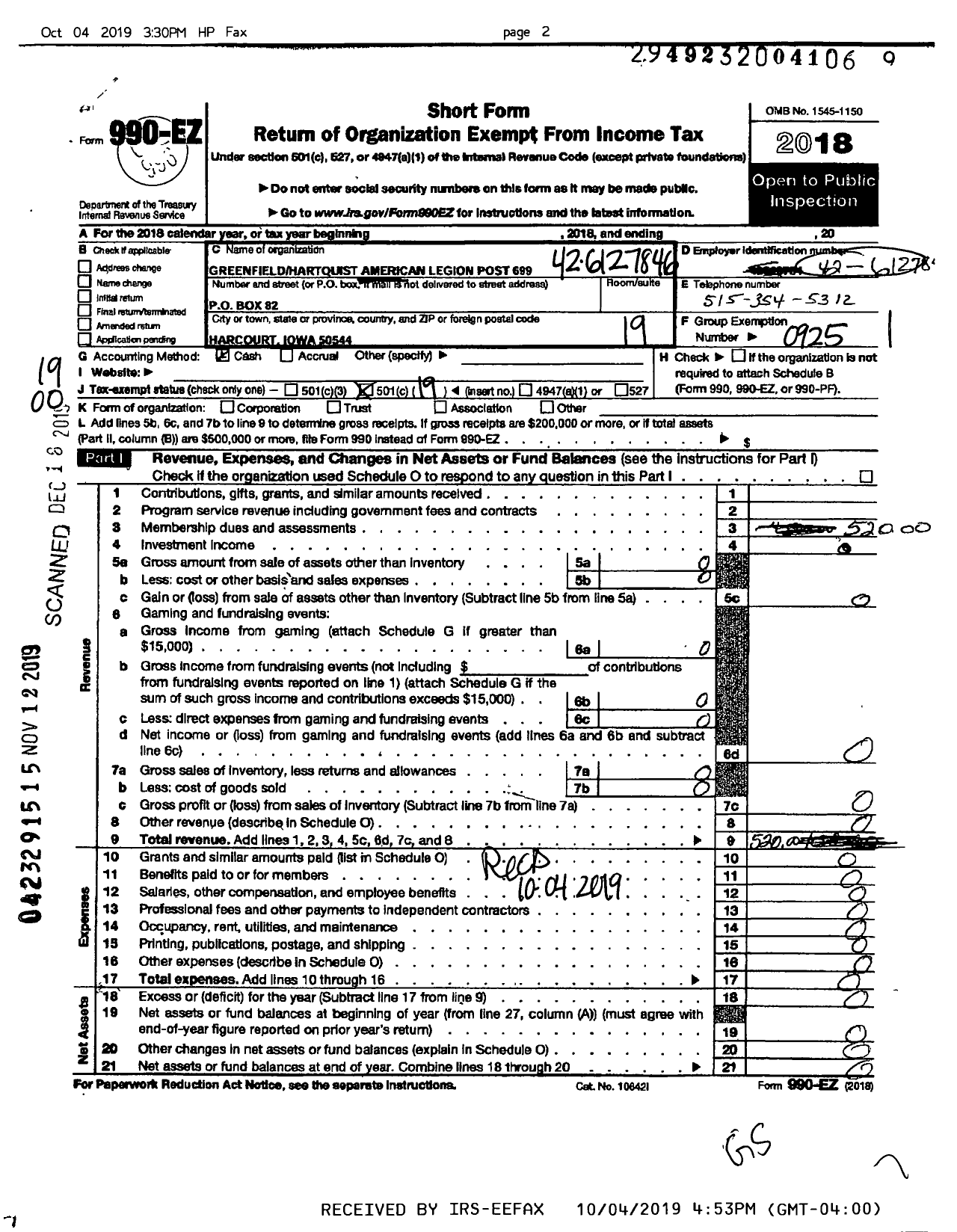 Image of first page of 2018 Form 990EO for American Legion - 699 Greenfield-Hartquist Post