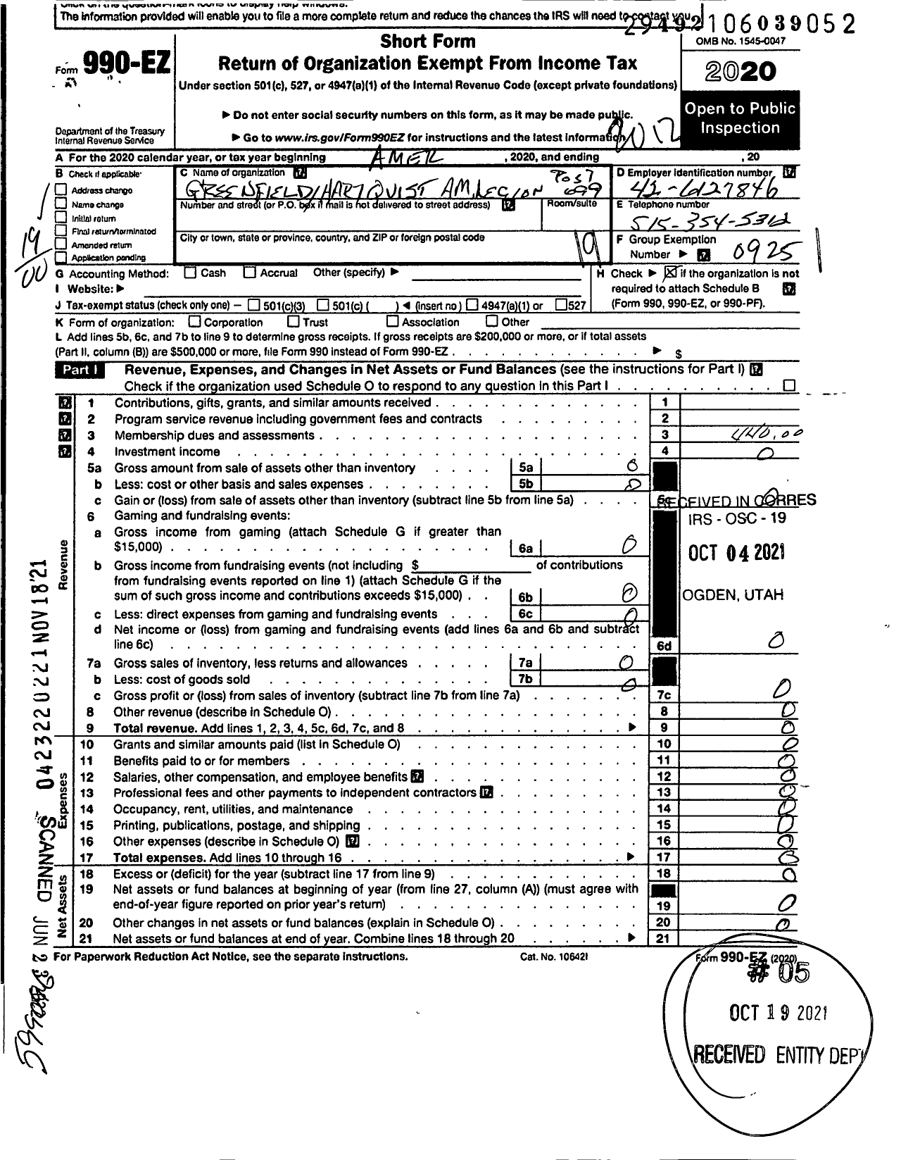 Image of first page of 2020 Form 990EO for American Legion - 699 Greenfield-Hartquist Post