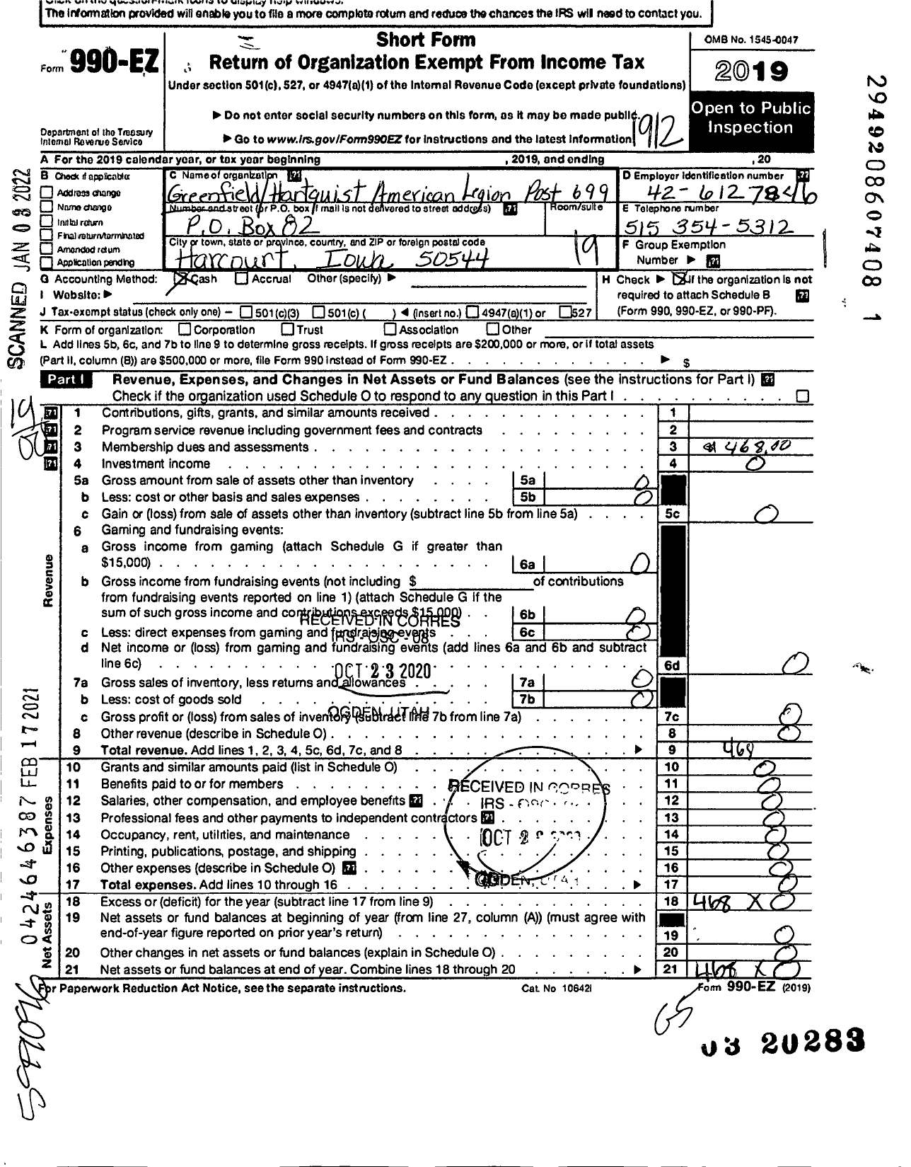 Image of first page of 2019 Form 990EO for Greenfield Hartquist American Legion Post 699
