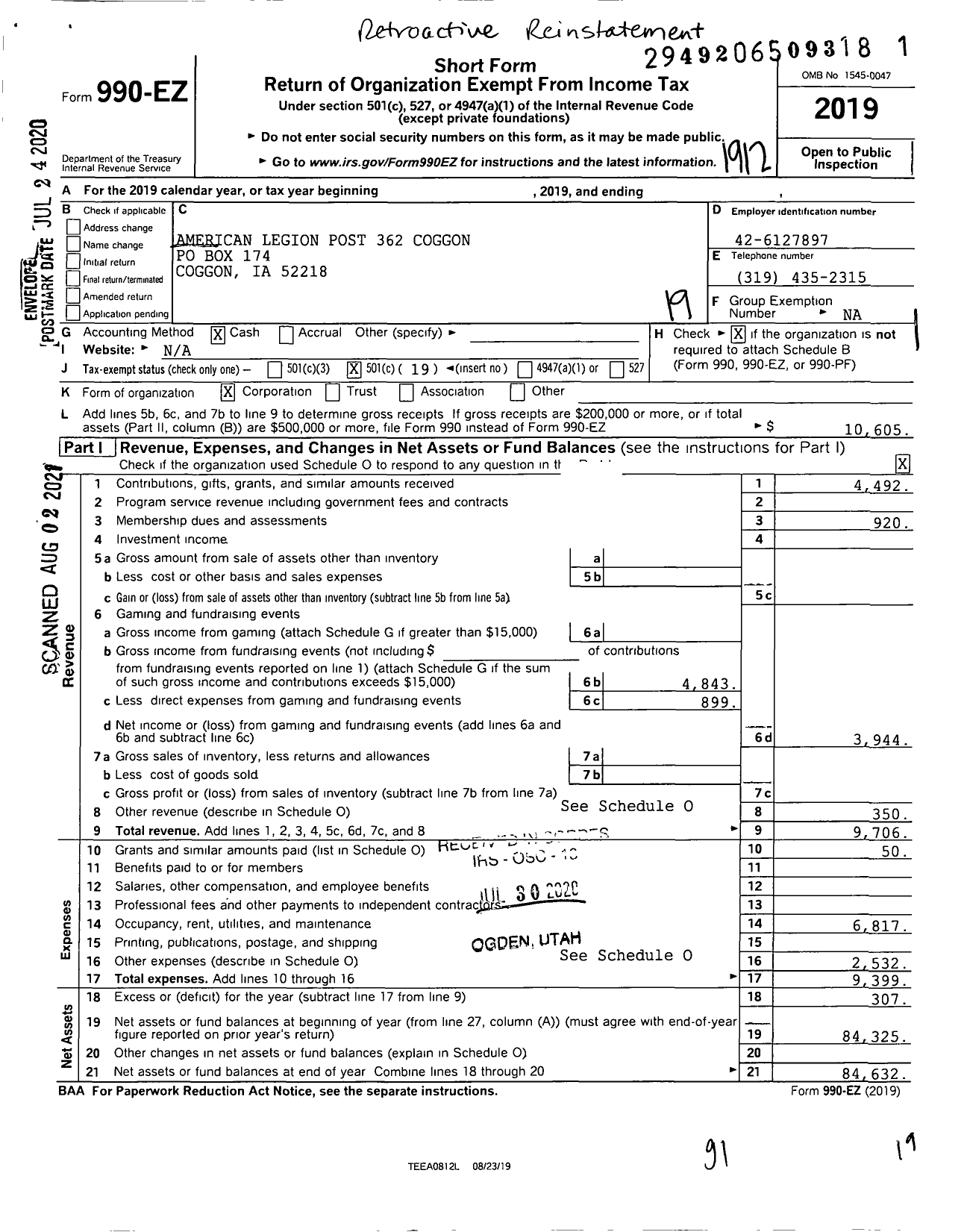 Image of first page of 2019 Form 990EO for Coggon Post No 362 the American Legion Department of Iowa