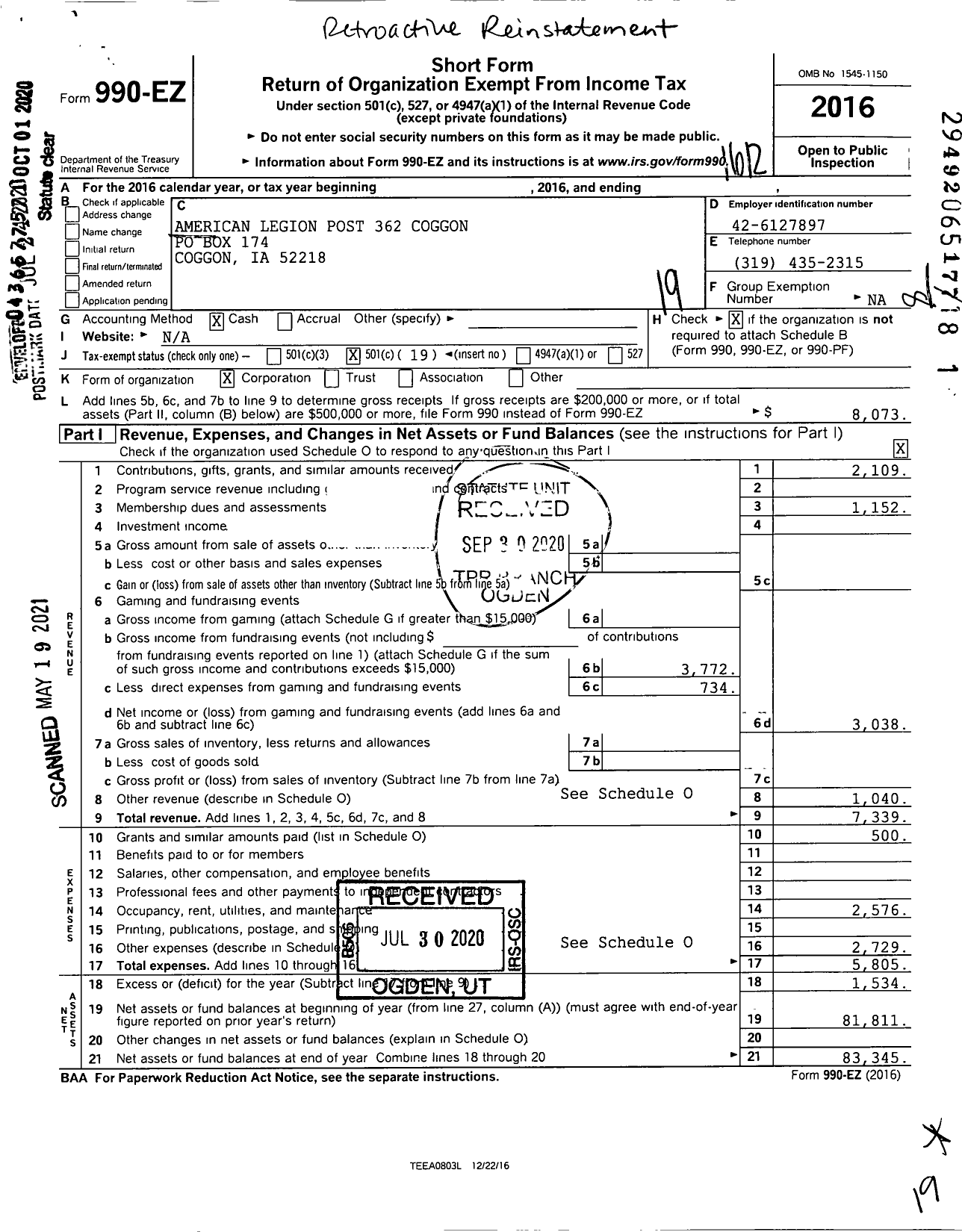 Image of first page of 2016 Form 990EO for Coggon Post No 362 the American Legion Department of Iowa