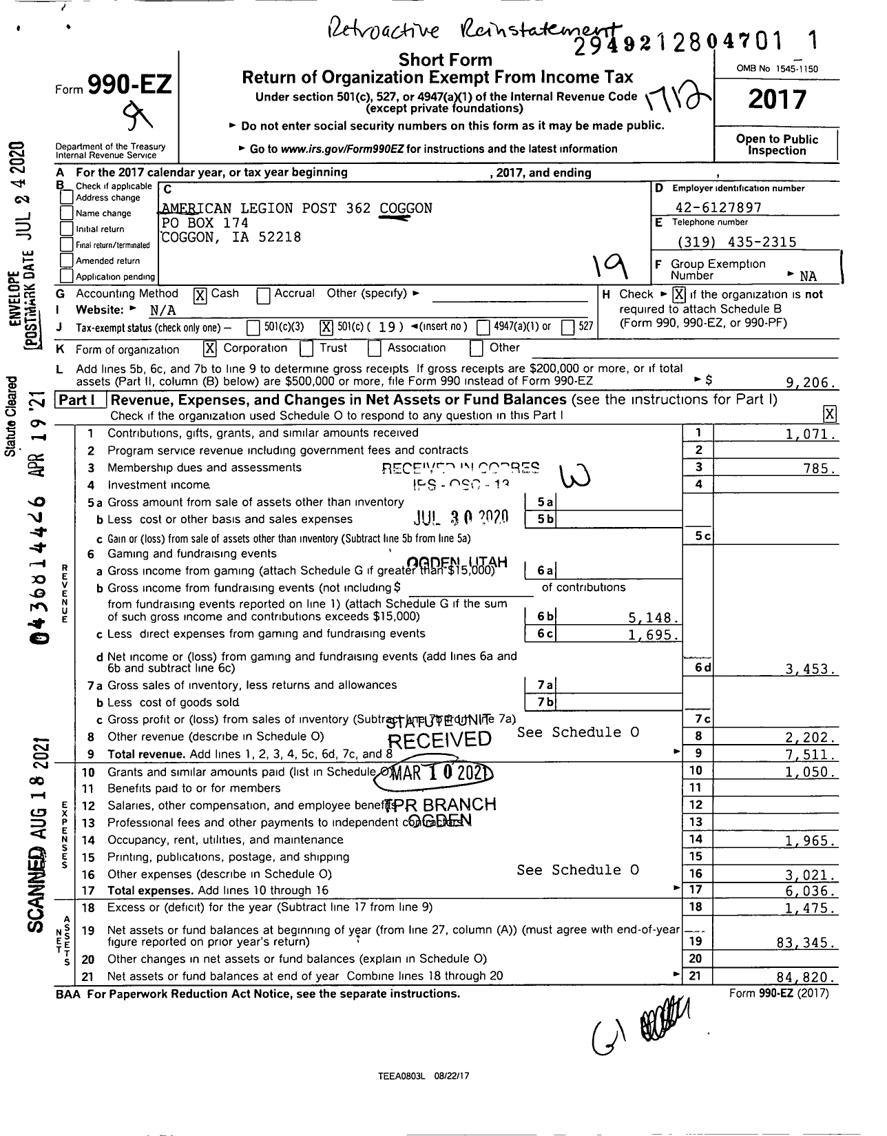 Image of first page of 2017 Form 990EO for Coggon Post No 362 the American Legion Department of Iowa