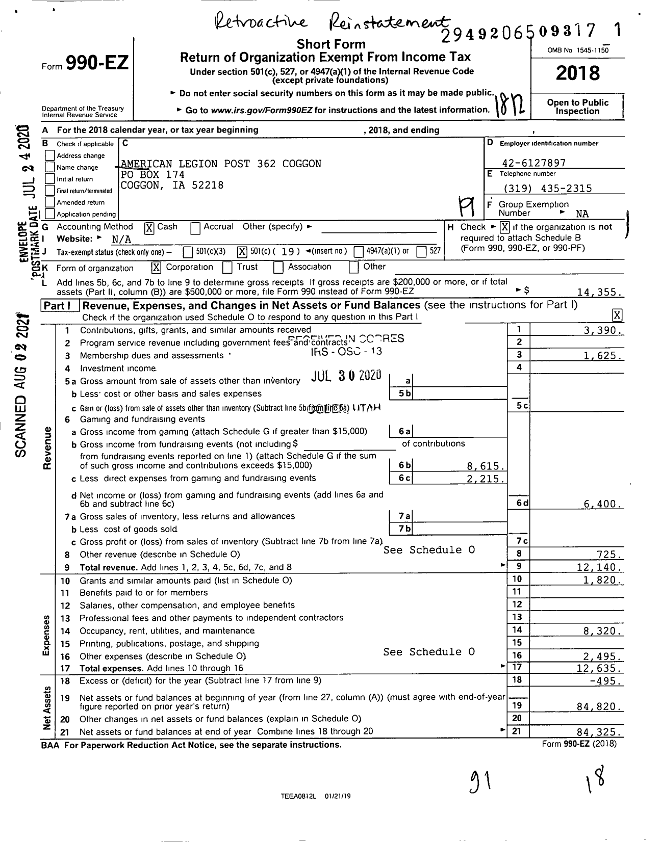 Image of first page of 2018 Form 990EO for Coggon Post No 362 the American Legion Department of Iowa