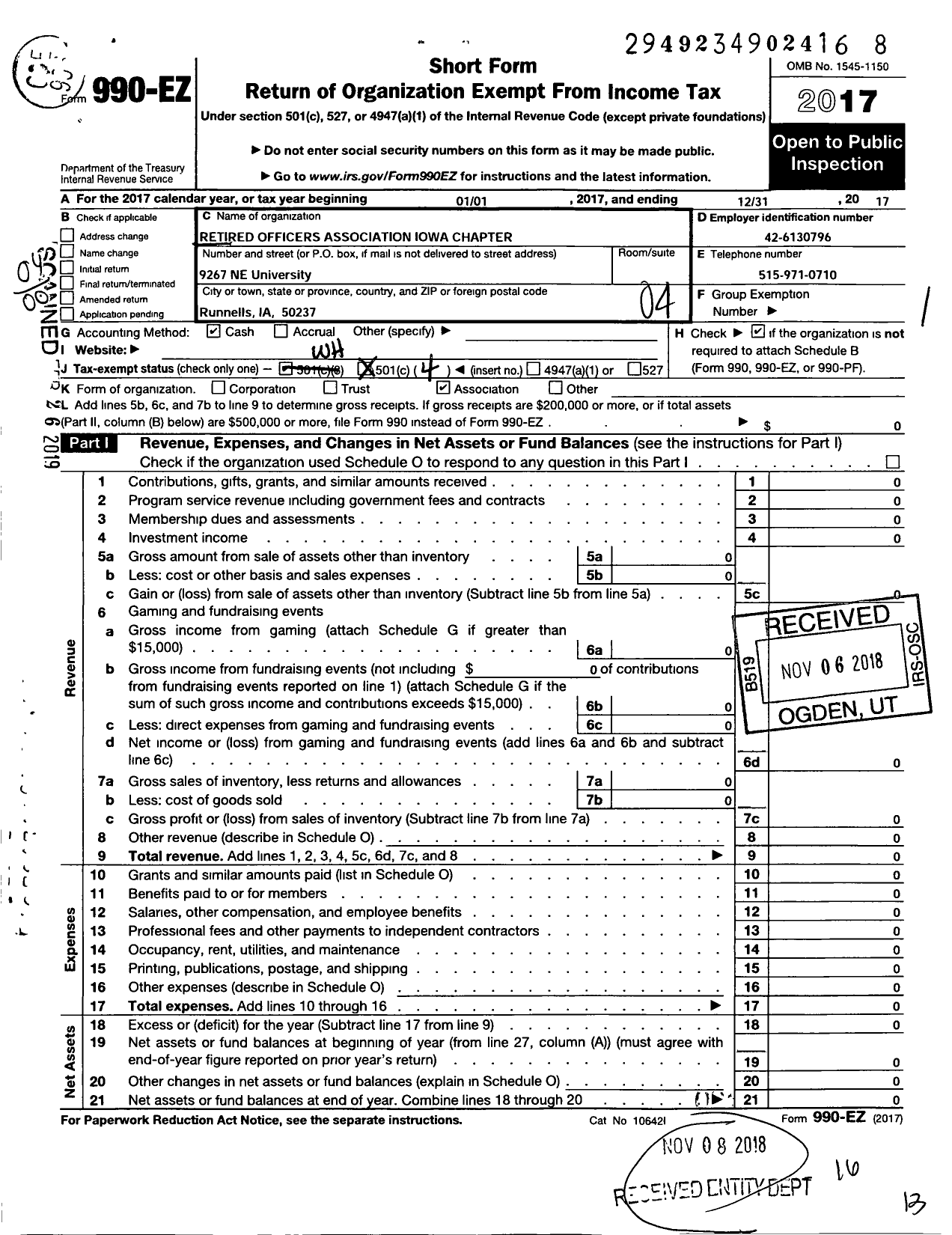 Image of first page of 2017 Form 990EO for Iowa Chapter Military Officers Association of America