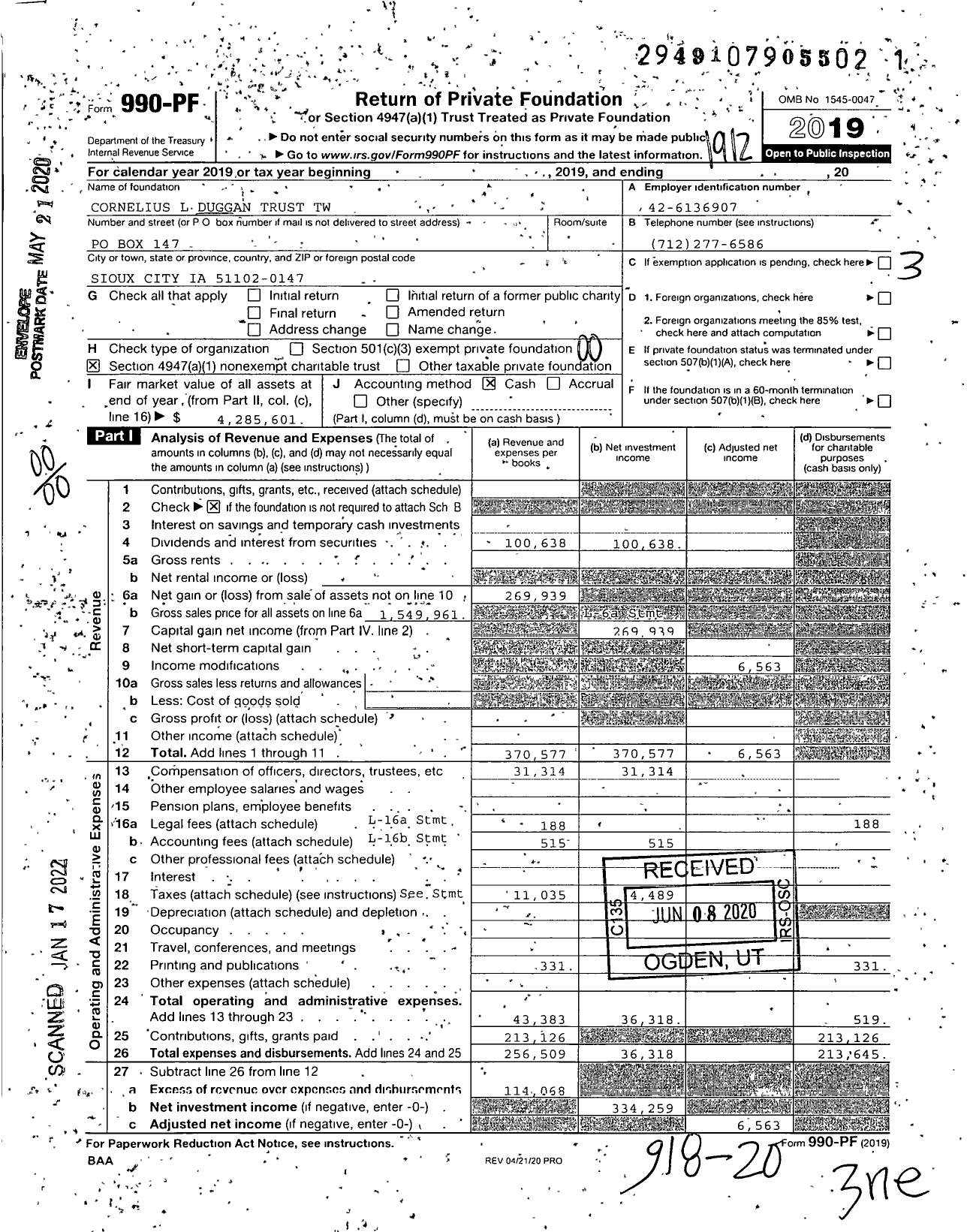 Image of first page of 2019 Form 990PF for Cornelius L Duggan Trust TW