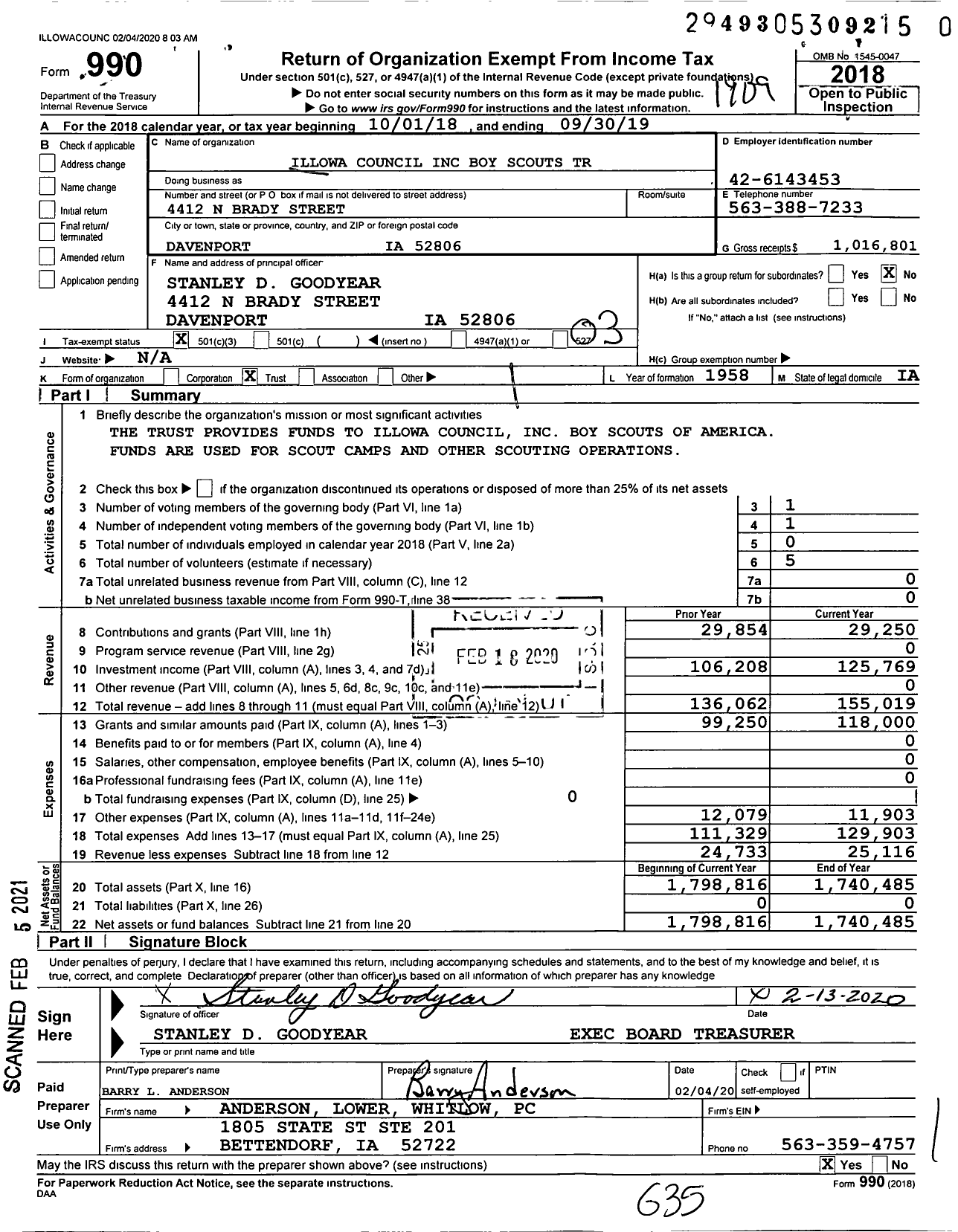 Image of first page of 2018 Form 990 for Boy Scouts of America - 133 Illowa Council TR Fund