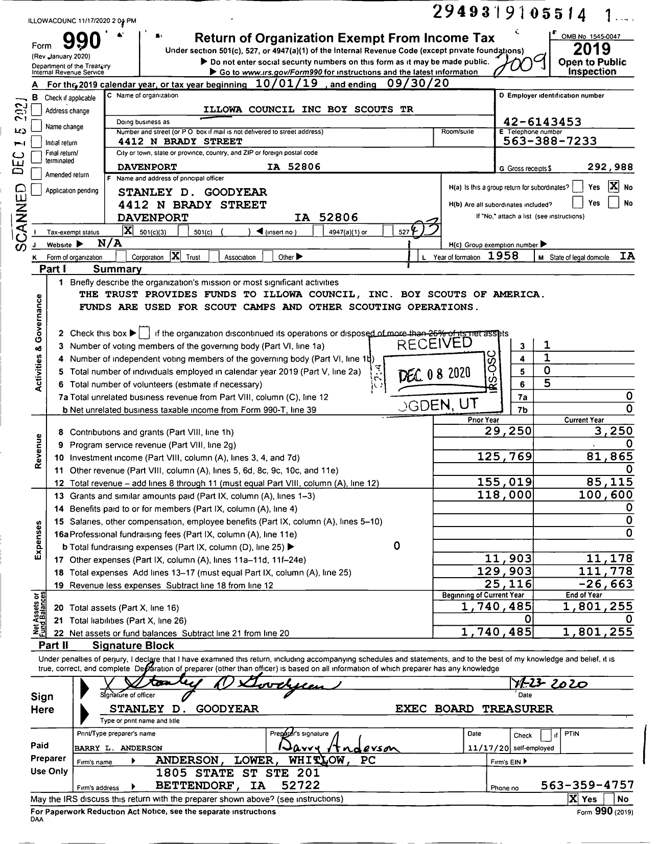 Image of first page of 2019 Form 990 for Boy Scouts of America - 133 Illowa Council TR Fund