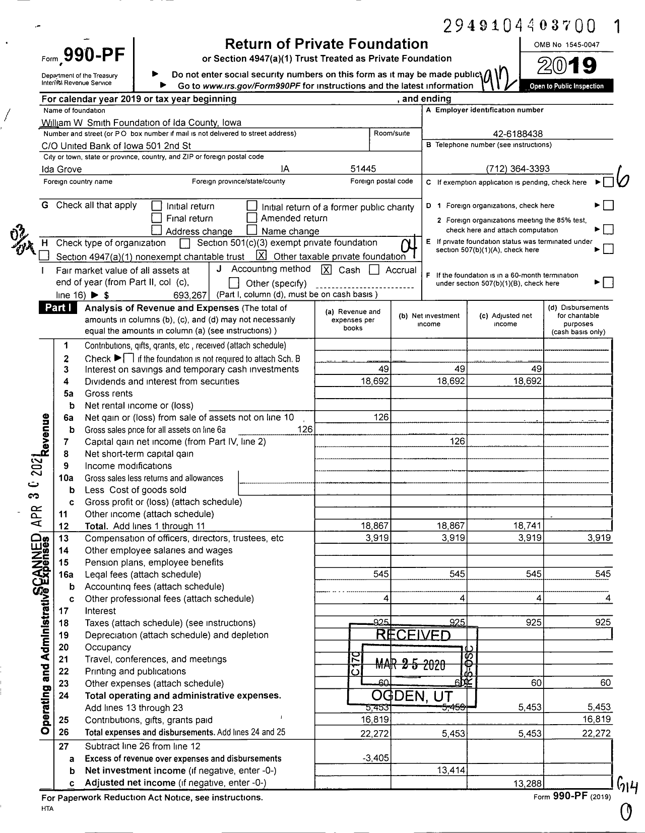 Image of first page of 2019 Form 990PF for William W Smith Foundation of Ida County Iowa