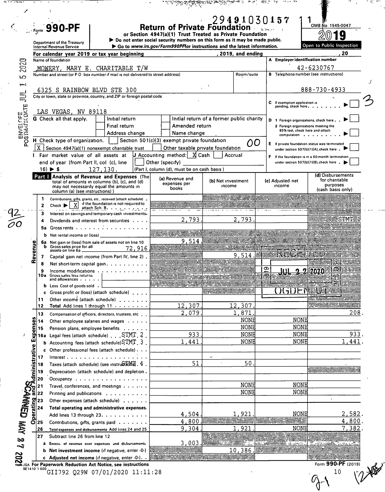 Image of first page of 2019 Form 990PF for Mowery Mary E Charitable TW