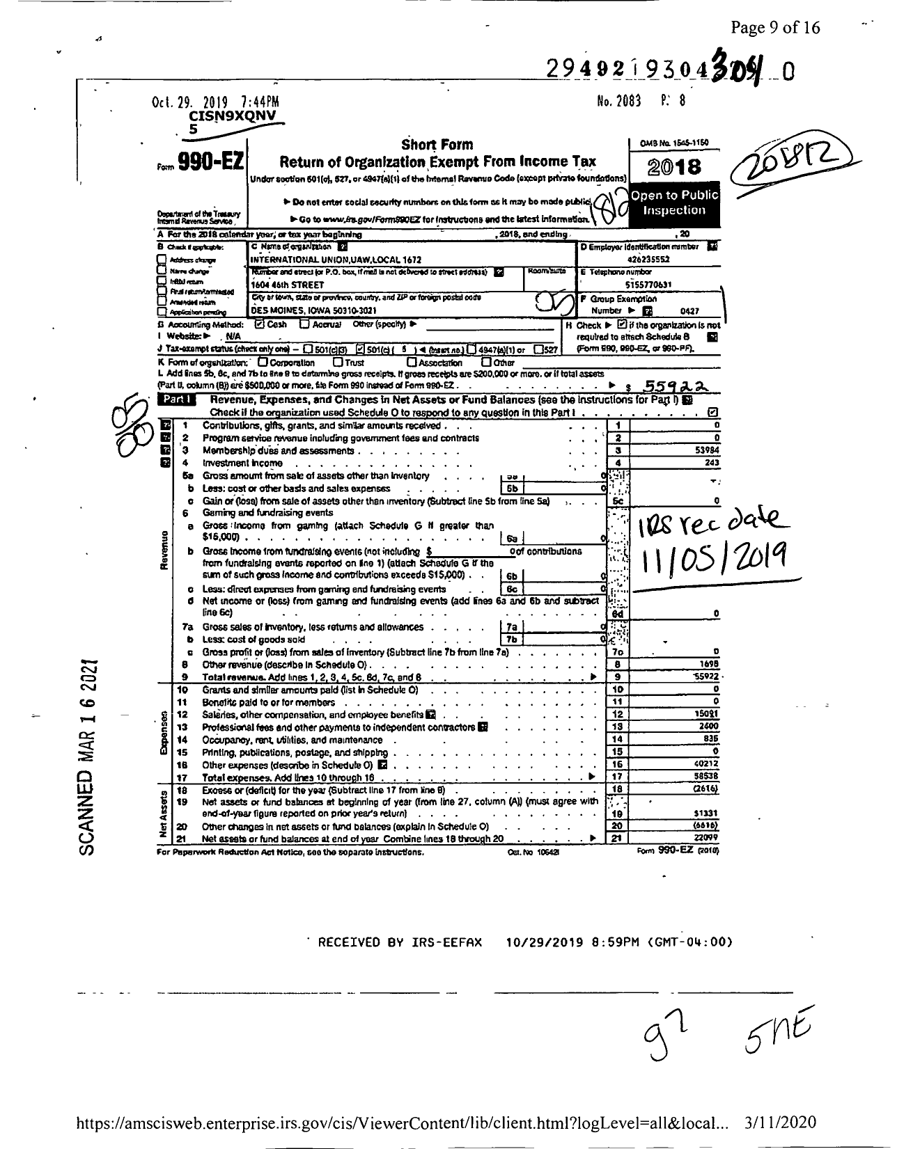 Image of first page of 2018 Form 990EO for Uaw - International Union Uaw Local 1672