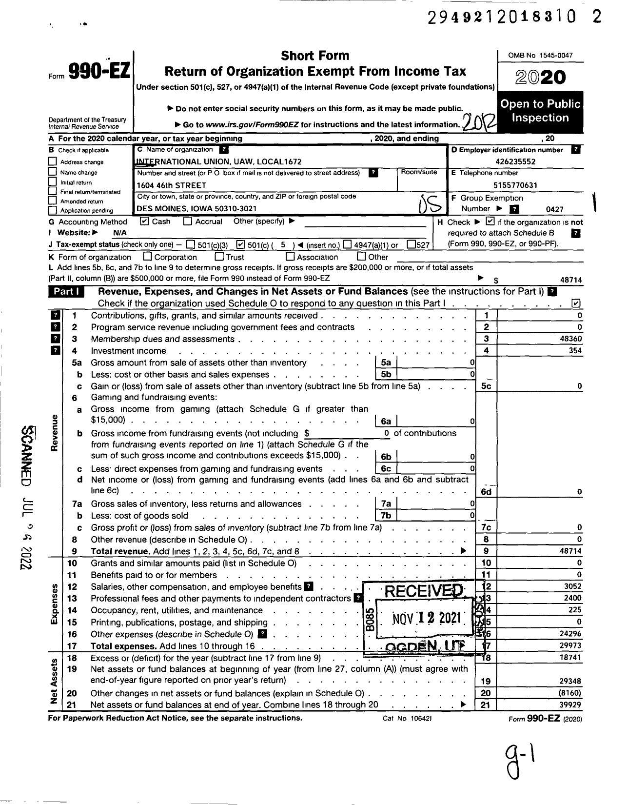 Image of first page of 2020 Form 990EO for Uaw - International Union Uaw Local 1672