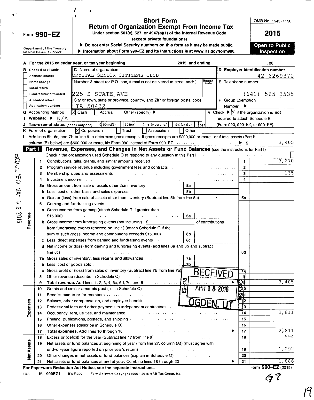 Image of first page of 2015 Form 990EZ for Crystal Senior Citizens Club