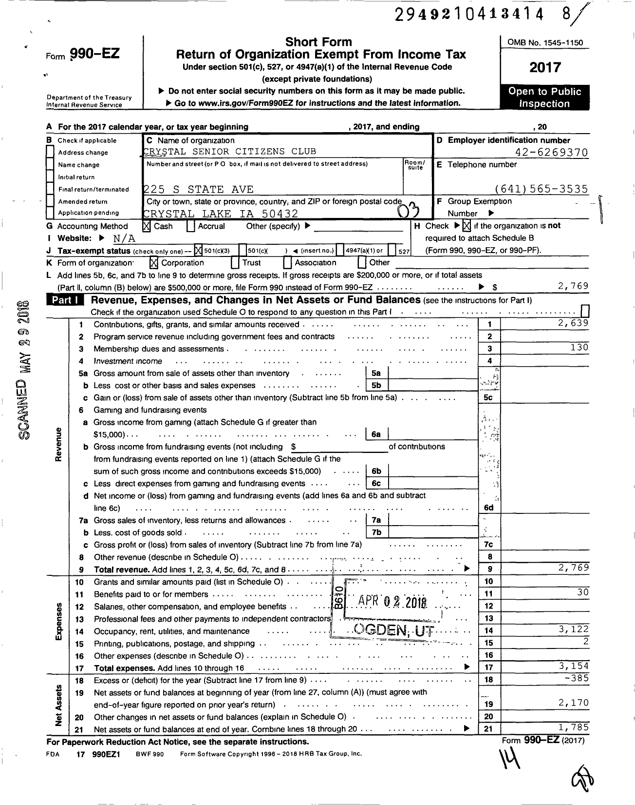 Image of first page of 2017 Form 990EZ for Crystal Senior Citizens Club