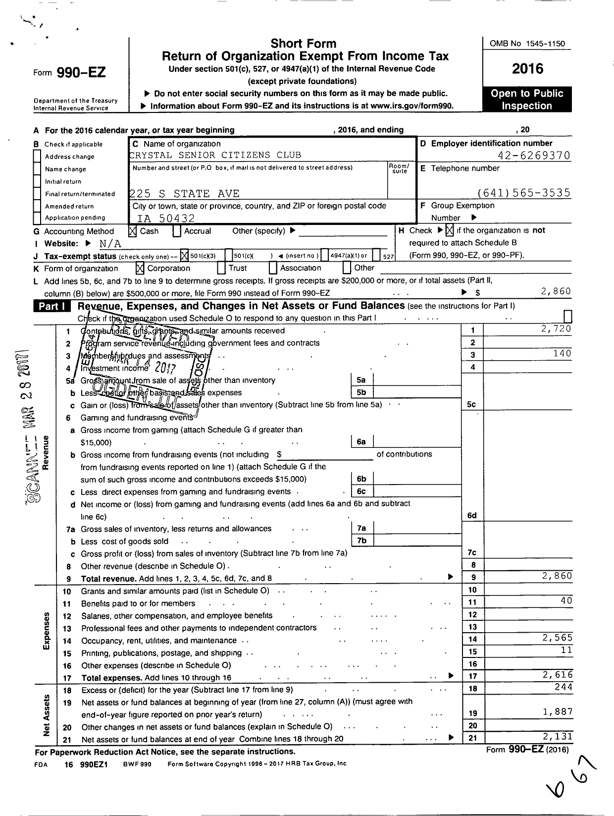 Image of first page of 2016 Form 990EZ for Crystal Senior Citizens Club