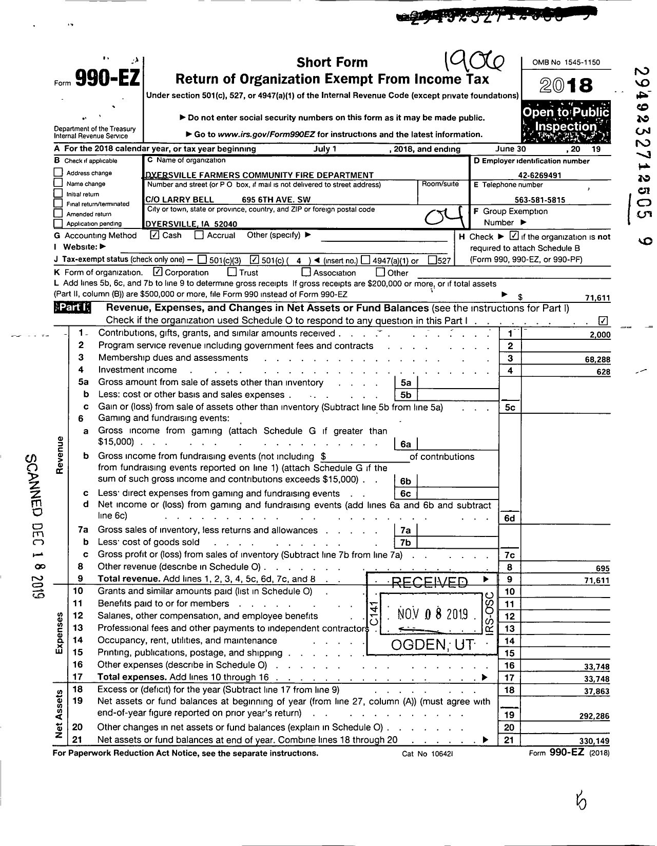 Image of first page of 2018 Form 990EO for Dyersville Farmers Community Fire Department