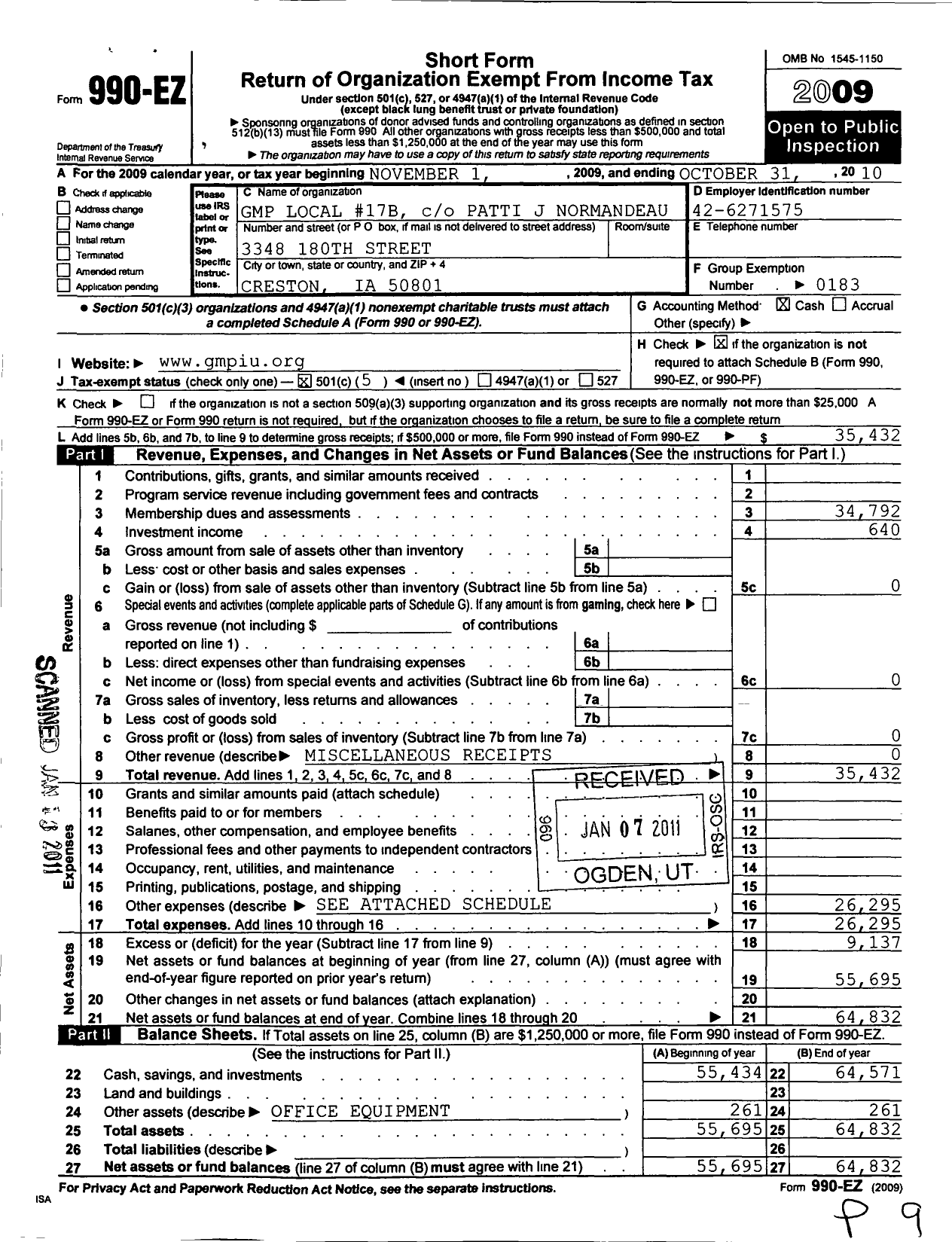 Image of first page of 2009 Form 990EO for United Steelworkers - 00017b Local