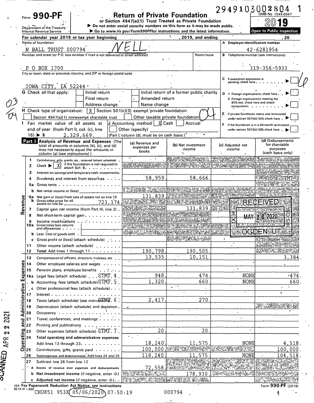 Image of first page of 2019 Form 990PF for N Ball Trust 000794