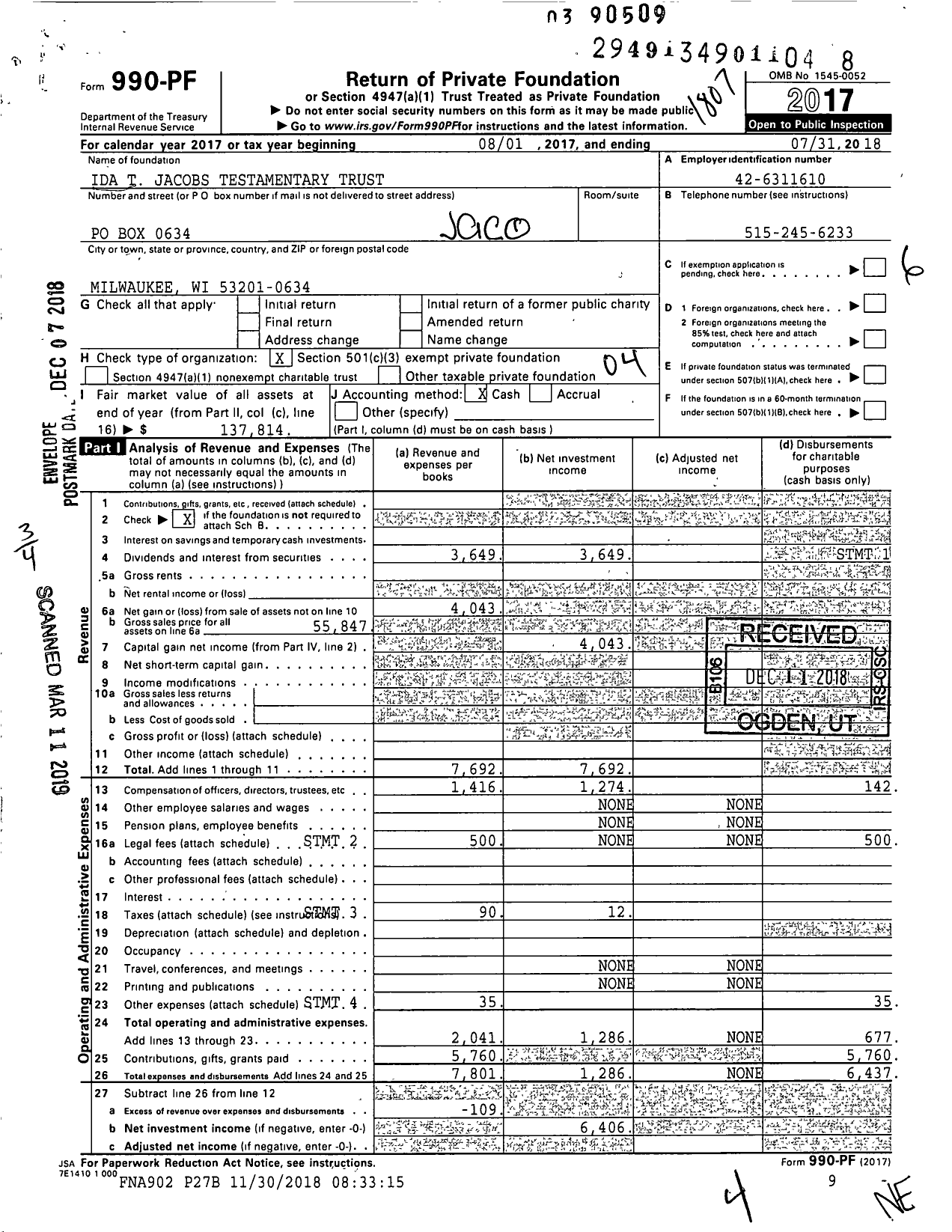 Image of first page of 2017 Form 990PF for Ida T Jacobs Testamentary Trust