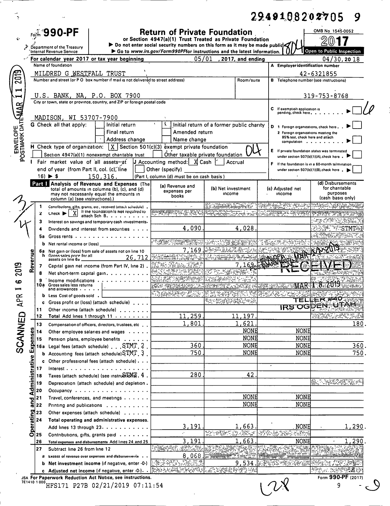Image of first page of 2017 Form 990PF for Mildred G Westfall Trust