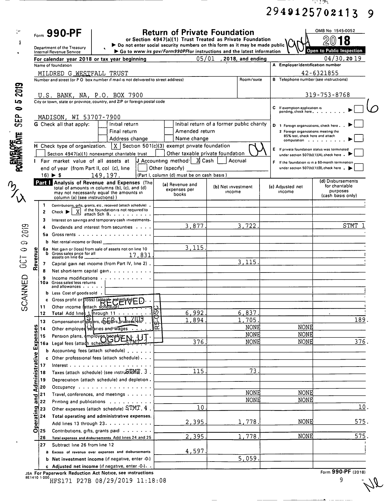 Image of first page of 2018 Form 990PF for Mildred G Westfall Trust