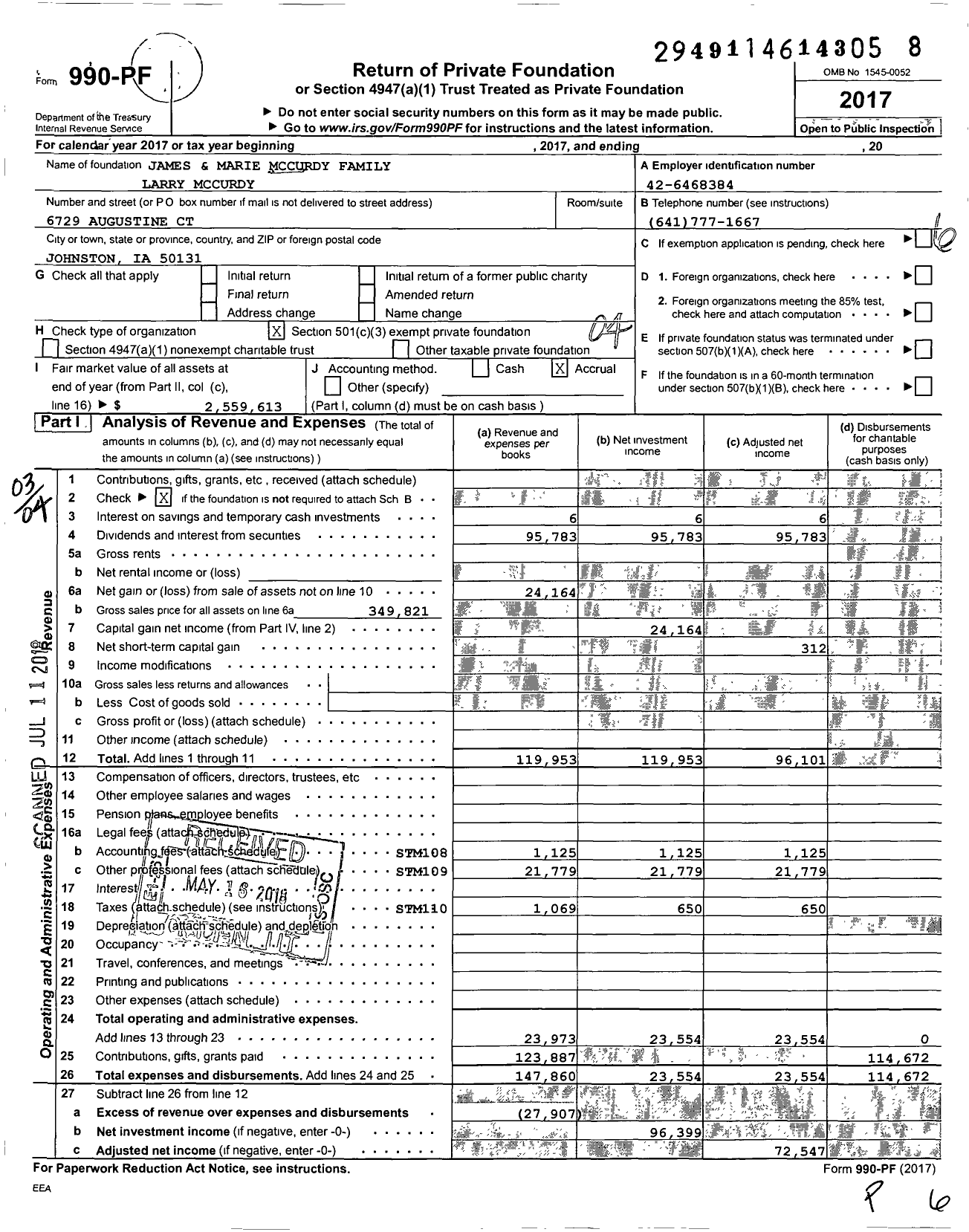 Image of first page of 2017 Form 990PF for James and Marie Mccurdy Family Charitable