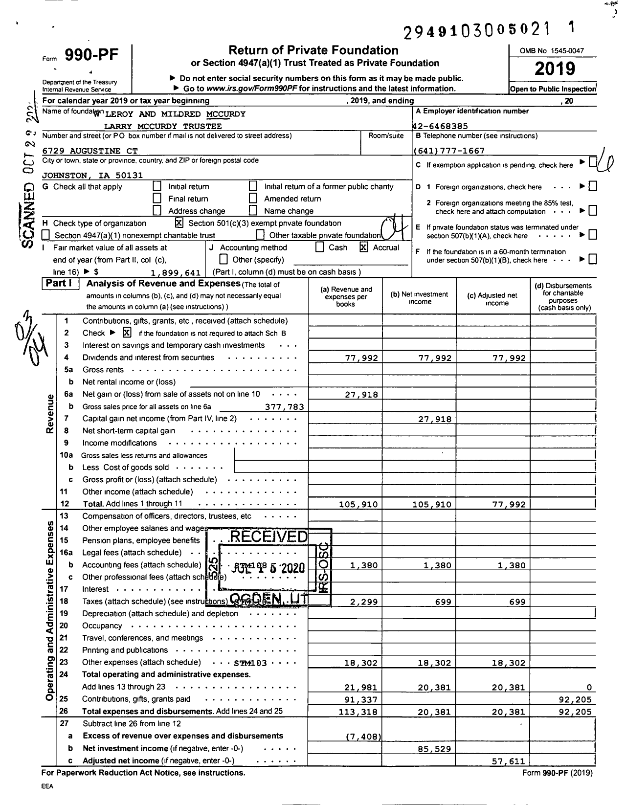 Image of first page of 2019 Form 990PF for W Leroy and Mildred Mccurdy Charitable Trust