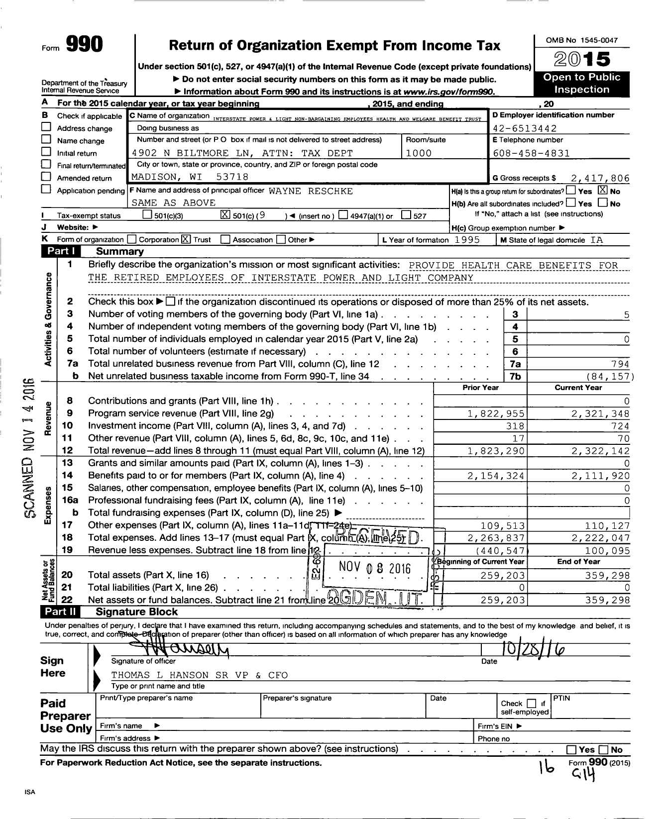 Image of first page of 2015 Form 990O for Ies Industries and Affiliates Employees Welfare Benefits Trust