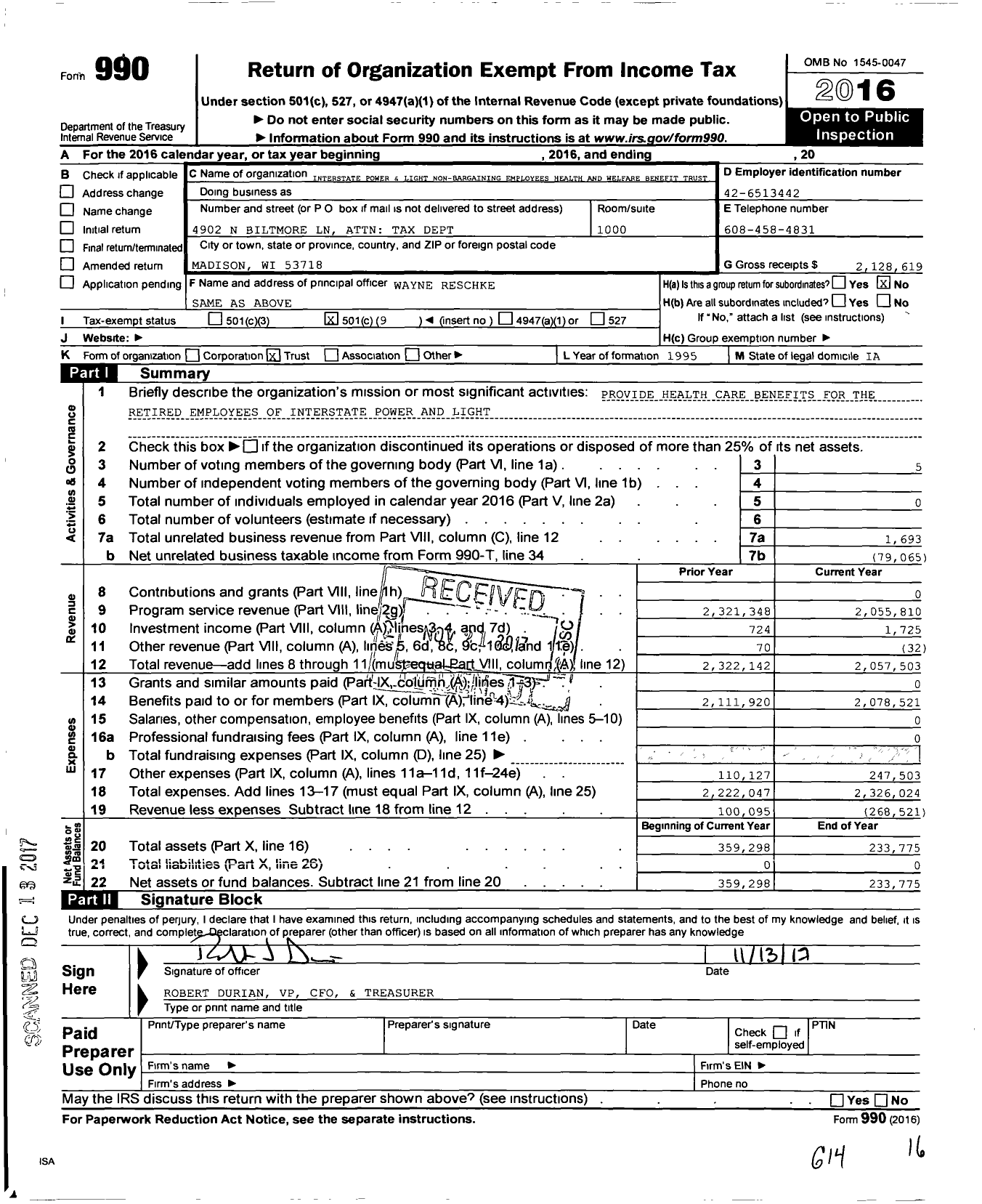 Image of first page of 2016 Form 990O for Ies Industries and Affiliates Employees Welfare Benefits Trust