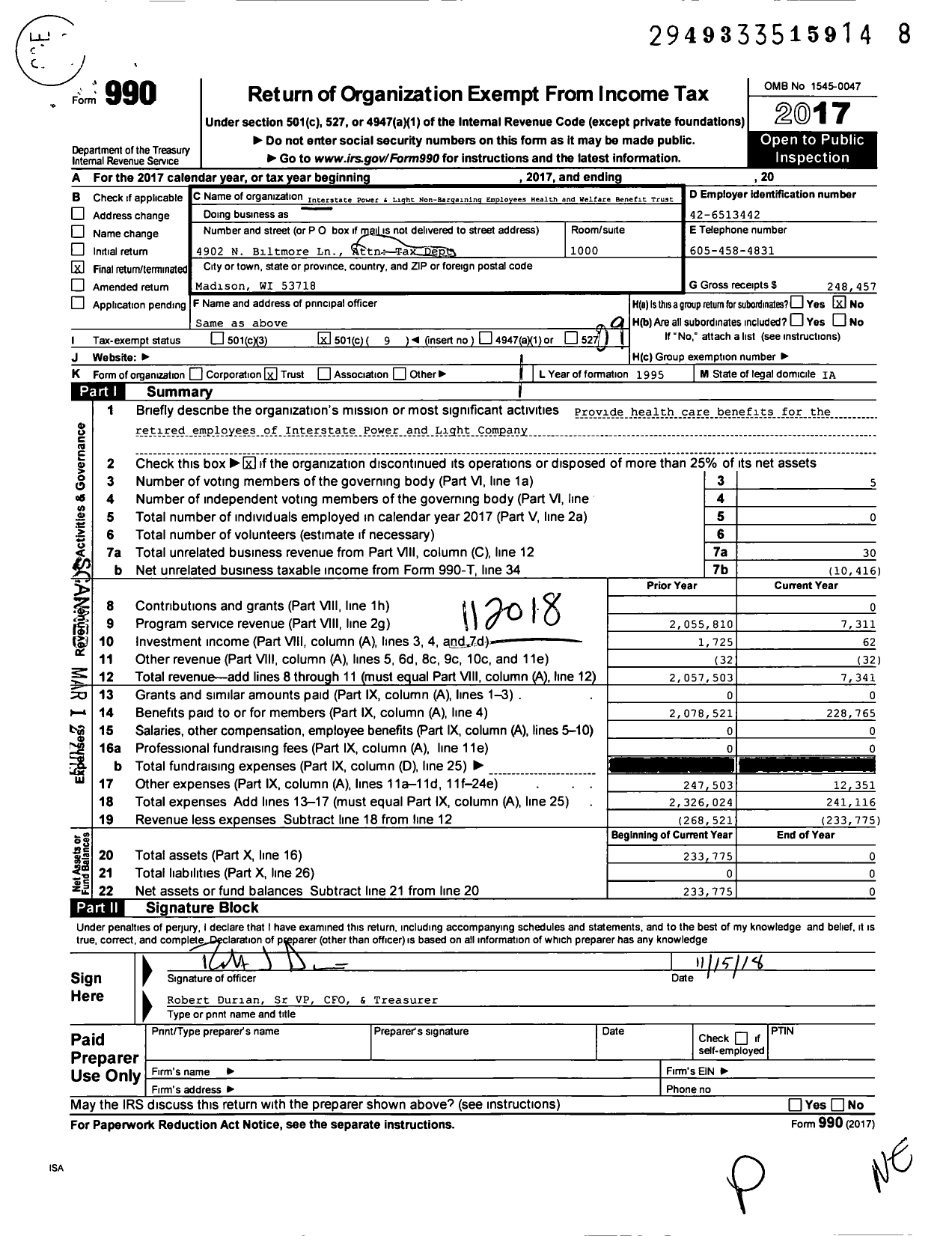 Image of first page of 2017 Form 990O for Ies Industries and Affiliates Employees Welfare Benefits Trust