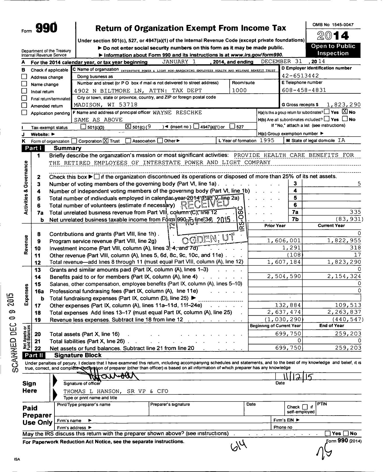 Image of first page of 2014 Form 990O for Ies Industries and Affiliates Employees Welfare Benefits Trust