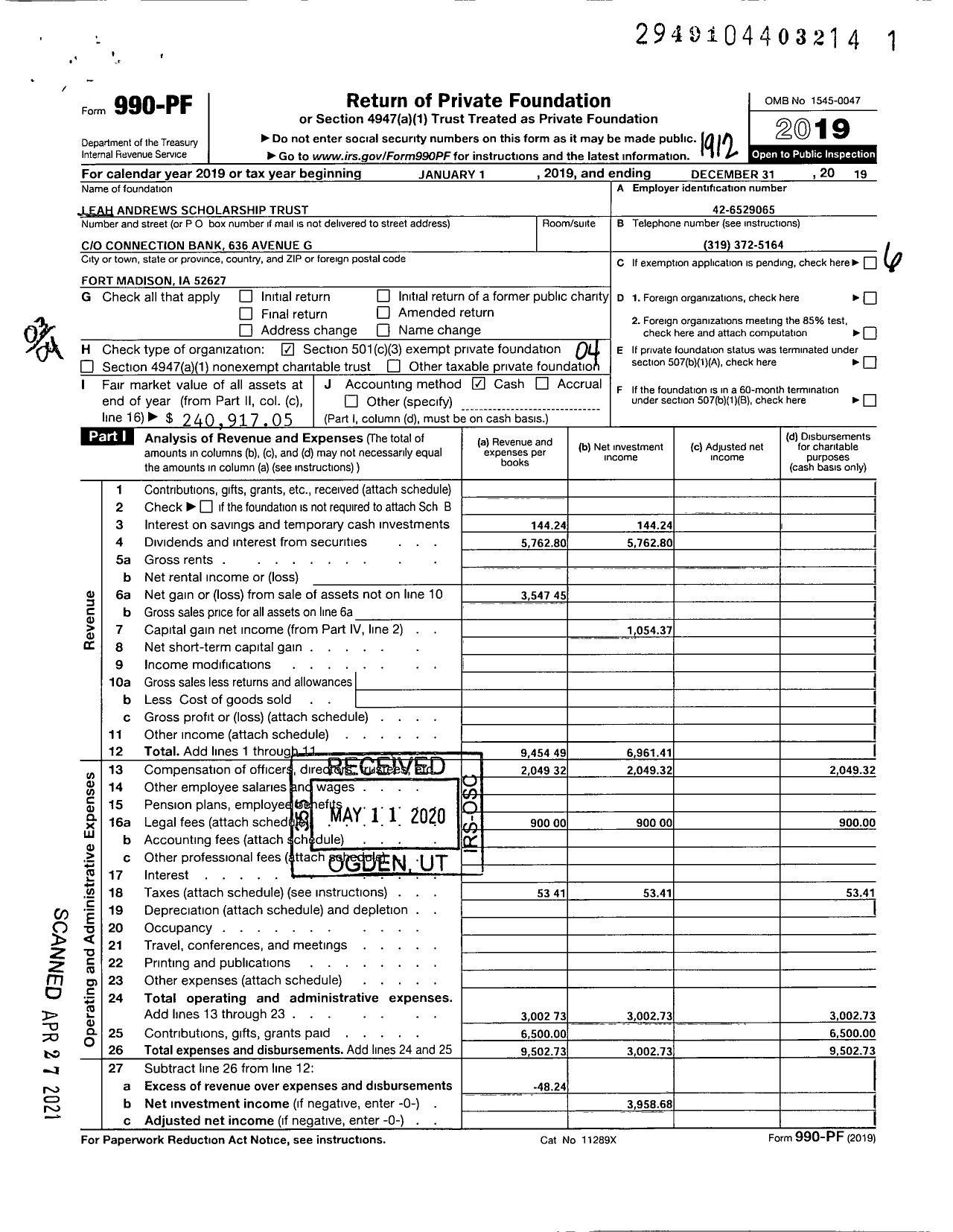 Image of first page of 2019 Form 990PF for Leah Andrews Scholarship Trust Connection Bank