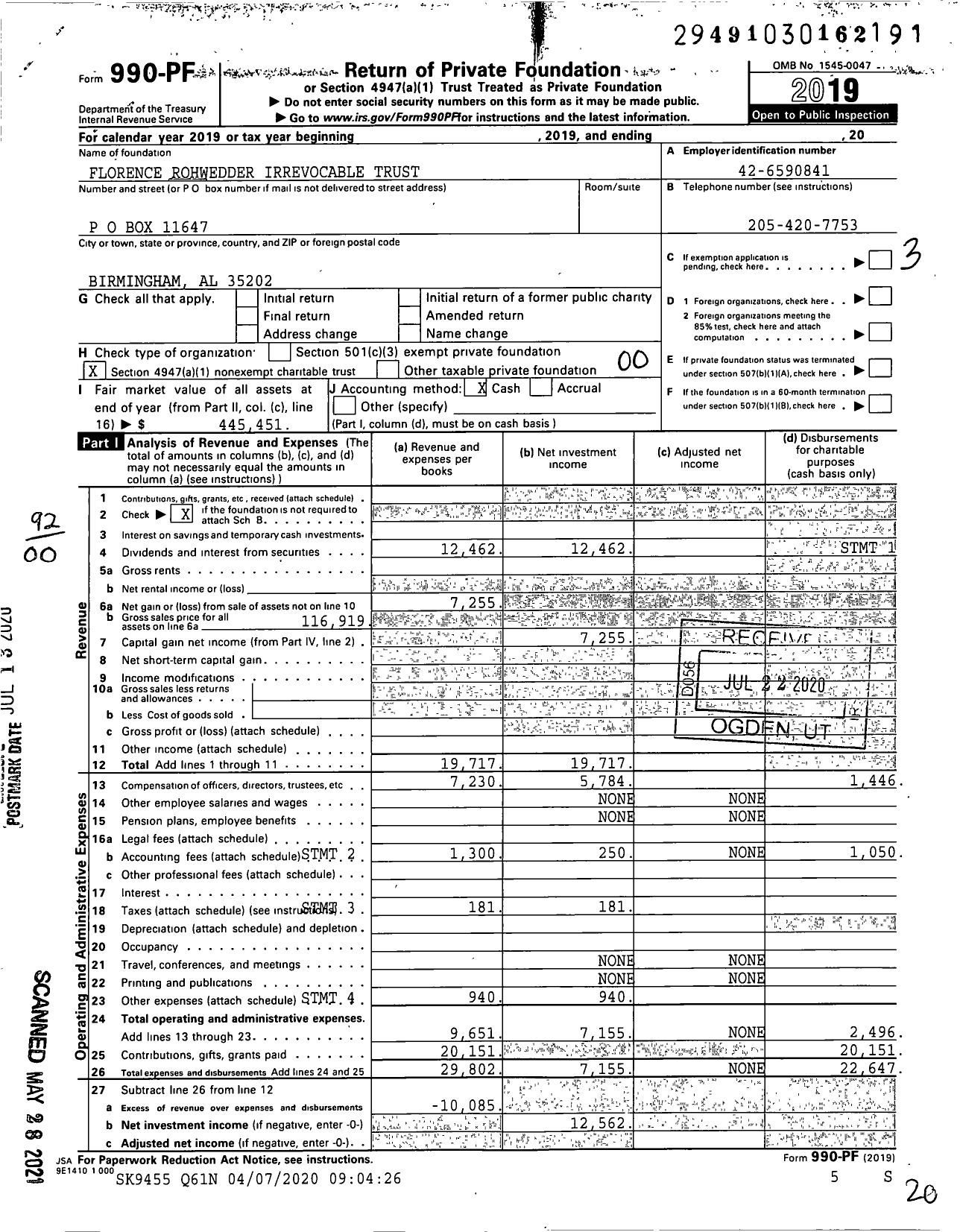 Image of first page of 2019 Form 990PF for Florence Rohwedder Irrevocable Trust